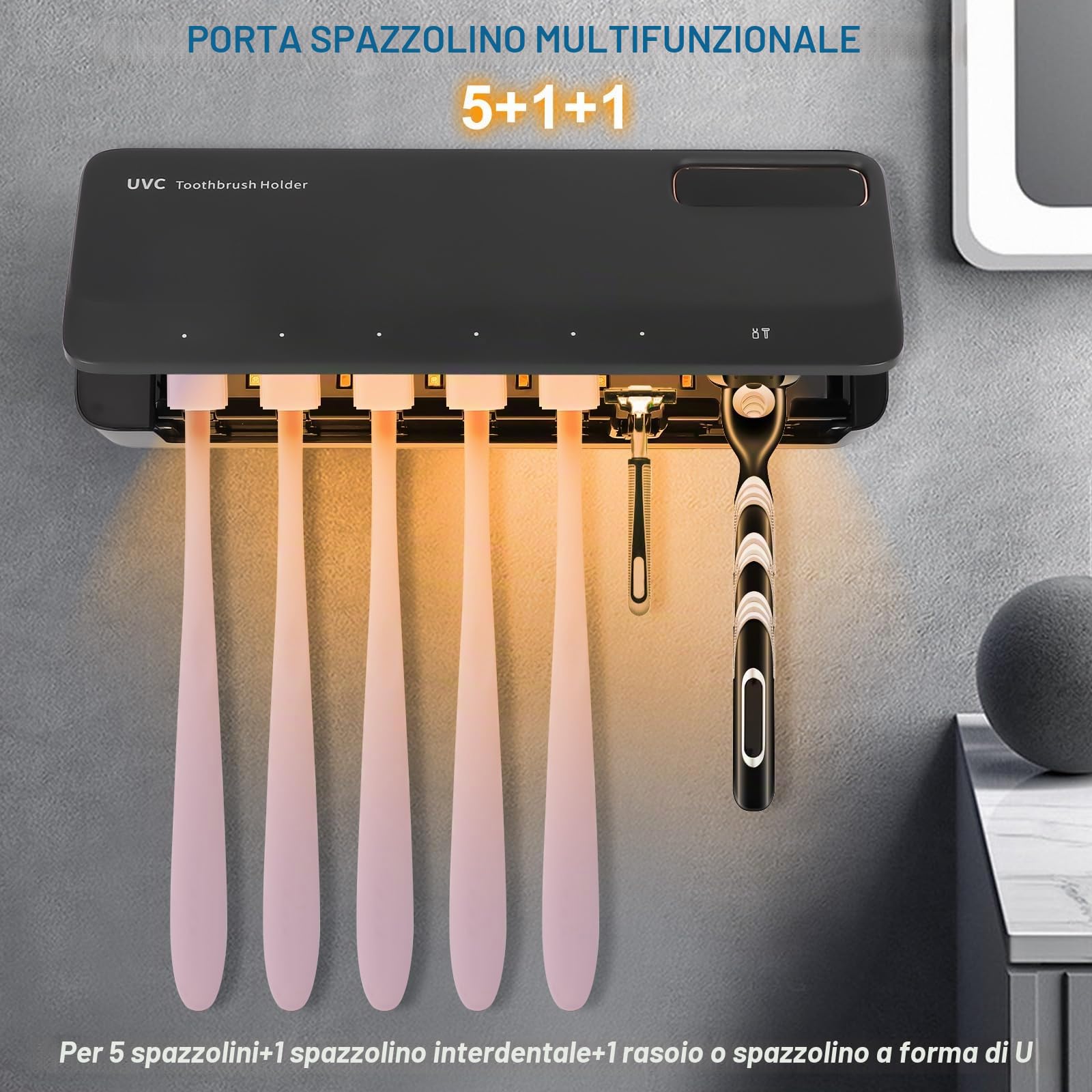 Spazzolino Igienizzante UV, Porta Spazzolino Elettrico da Parete per 5 Slot Spazzolini, Ricaricabile USB 2000mAh Sterilizzatore Portaspazzolino UV con Funzione di Asciugatura, Porta Spazzolini da Muro