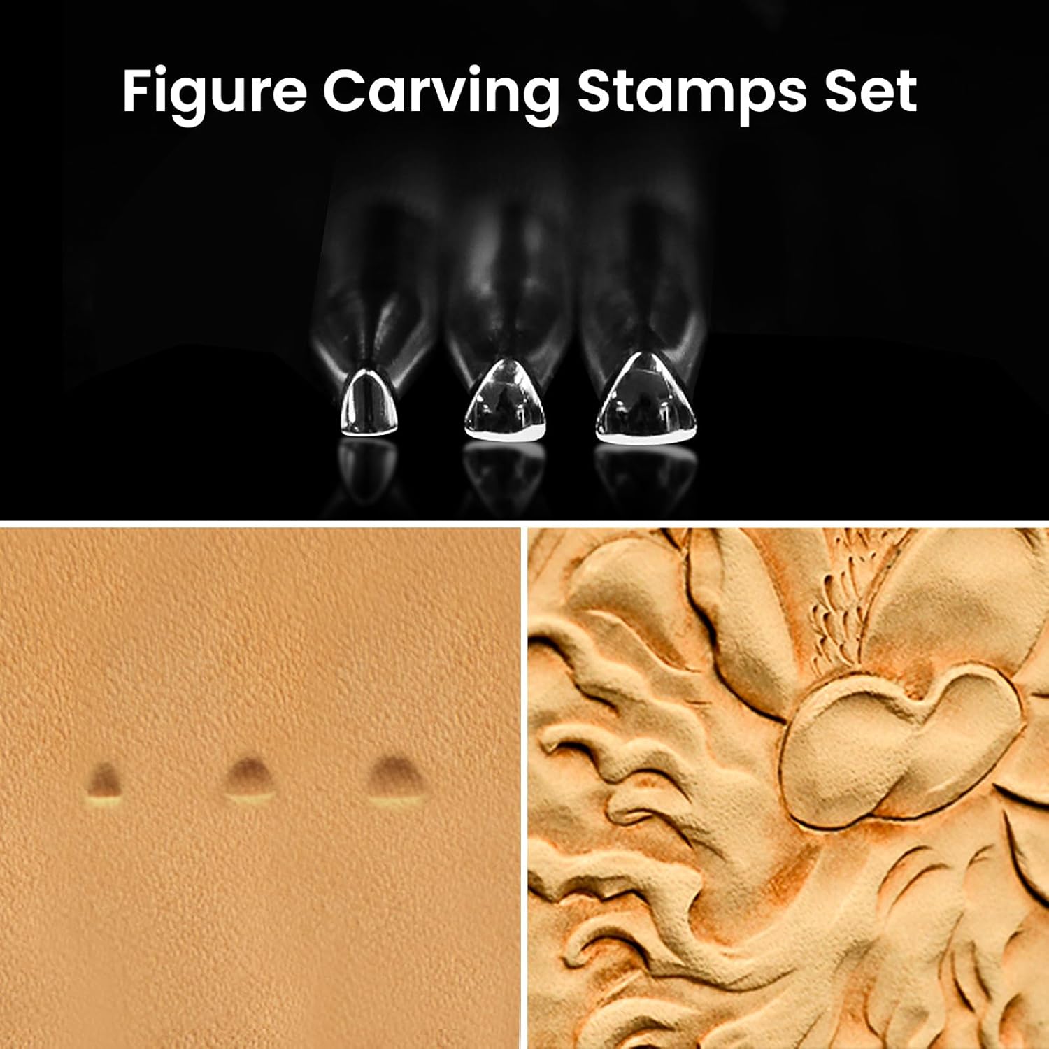 Professional Figure Carving Stamps Set of 3-304 Steel Leathercraft Stamping Tool & Diamond Knurled Handle (7.4mm/5.5mm/2.8mm) for Portrait, Animal, Floral Leather Sculpting