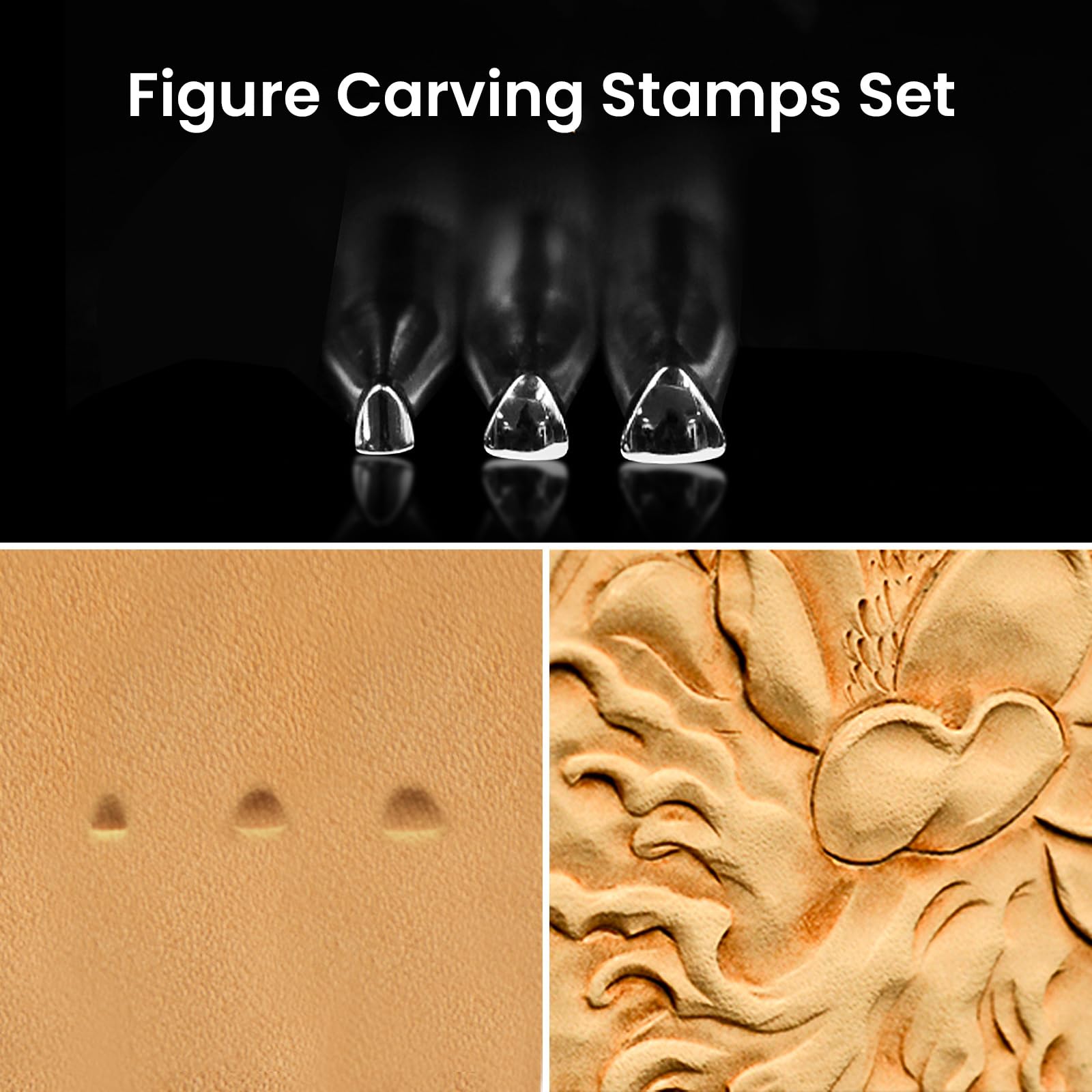 Professional Figure Carving Stamps Set of 3-304 Steel Leathercraft Stamping Tool & Diamond Knurled Handle (7.4mm/5.5mm/2.8mm) for Portrait, Animal, Floral Leather Sculpting