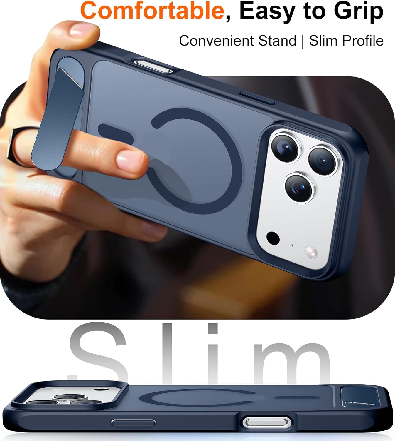 Temdan Designed for iPhone 17 Pro Case, [Built-in Invisible Kickstand][Compatible with MagSafe][Military Grade Shockproof] Slim Translucent Matte Phone Case 6.3 inch (Blue) - Image 7