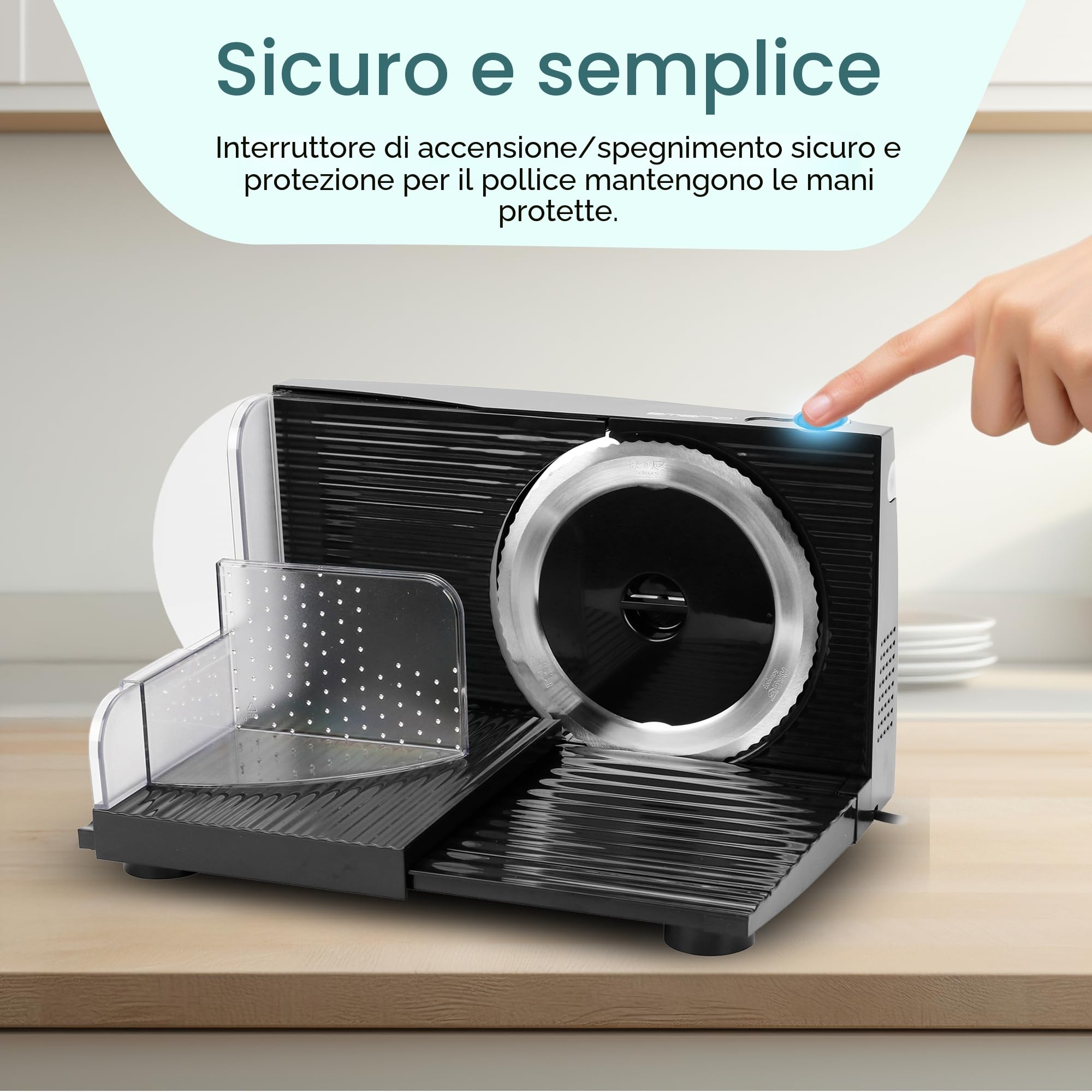 EMERIO Taglierina tutto ''Made in EU'', in acciaio inox prodotto in Germania, regolabile 0-17 mm, senza BPA, pieghevole, con interruttore di sicurezza, Eco 100 Watt, MS-125000.1, nero