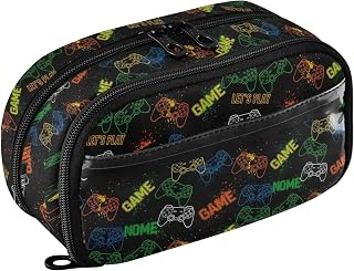 Gaming Gamepad Pattern Expandable Pencil Case, Large Pencil Pouch | Wear-Resistant Stationary Box With PVC Window. Waterproof Double Zipper Storage Organizer Bag for School Office.