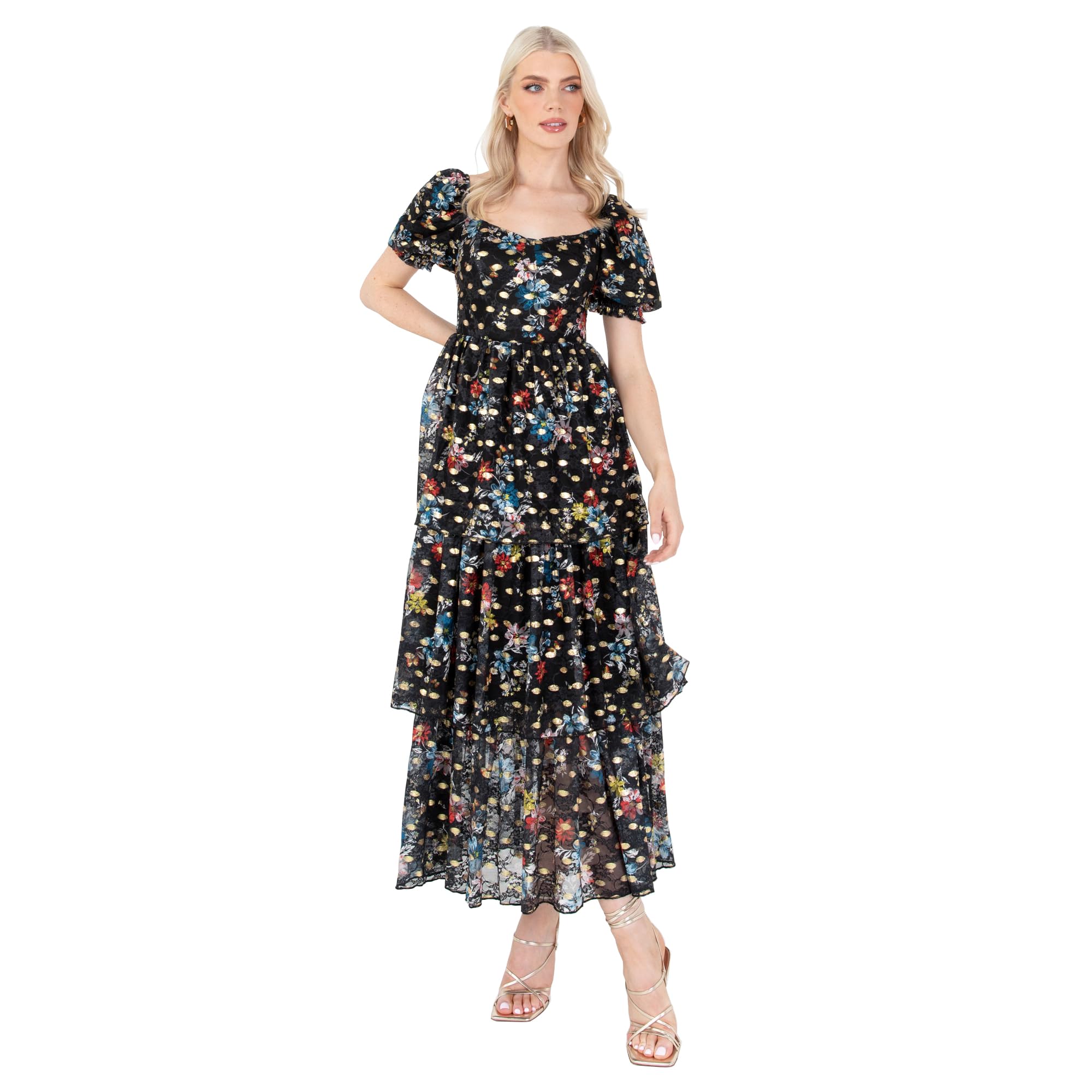 Lovedrobe Women's Midaxi Dress Ladies Sweetheart Neckline Short Sleeve Tiered Floral Print Empire A-line for Wedding Guest Party Dress, Blue