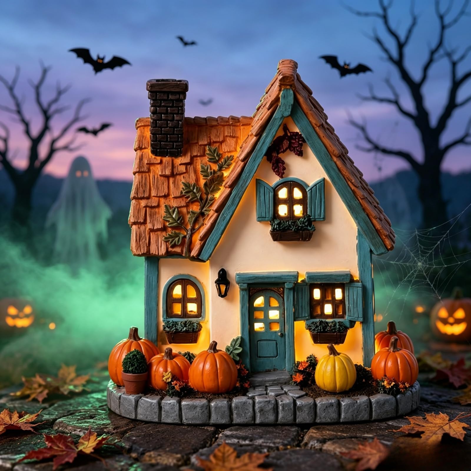 Vintage Light-Up Pumpkin Cottage Halloween Decor, LED Fall Village House