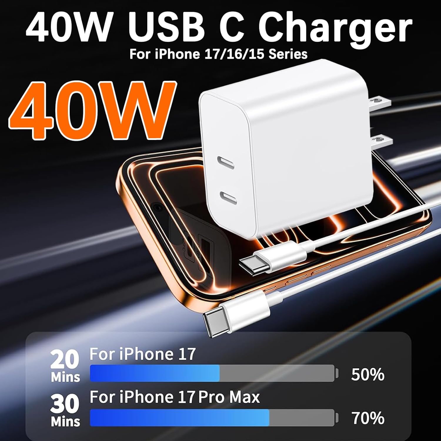 40W iPhone 17 Charger Fast Charging,2Pack Dual Port USB C Wall Charging Block with 6FT USB C to USB C Cable Cord for iPhone 17 Pro Max/17 Pro/17/Air/17e/16 Pro Max/16 Plus/16e/15/iPad Pro/Air/Mini