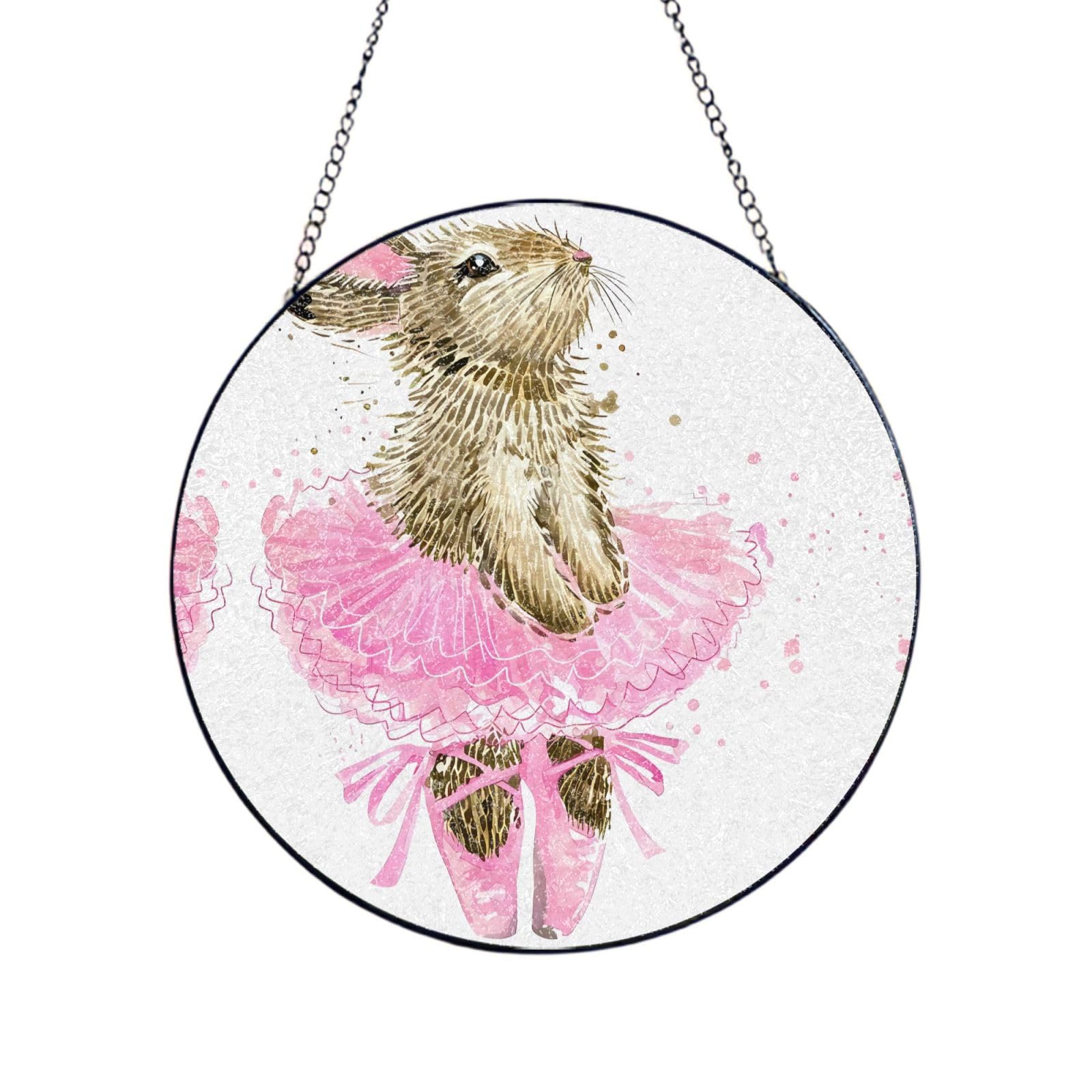 Phayah Cute Rabbit Print Glass Window Hanging Round Suncatcher Glass Ornament Garden Wall Fence Decorations Indoor Outdoor 12in（30cm）