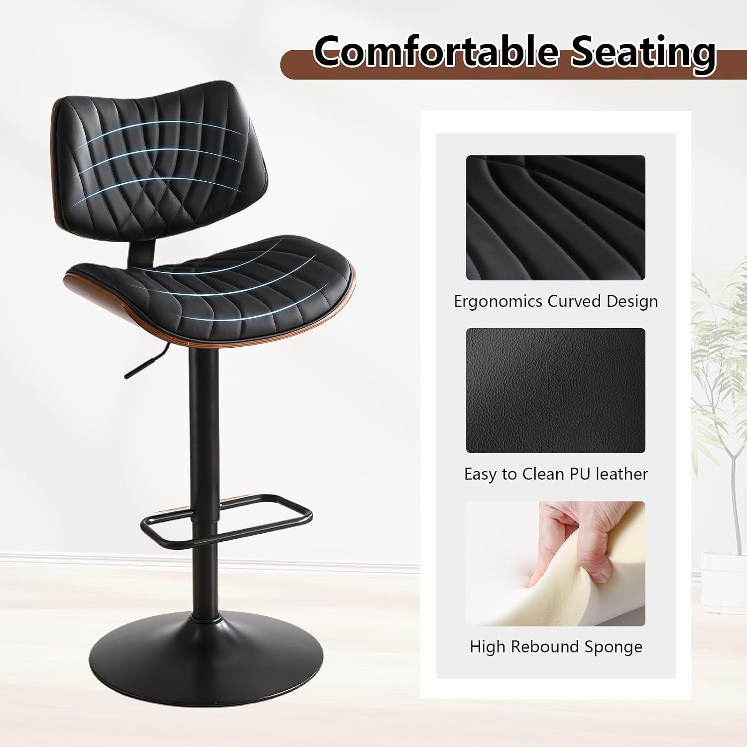 Shenyon Swivel Bar Stools Set of 2, Adjustable Height Bentwood Barstools, Mid Century Modern PU Leather Bar Stool with Back and Footrest, Bar Chairs for Kitchen Island Bar, Black, 2Pcs