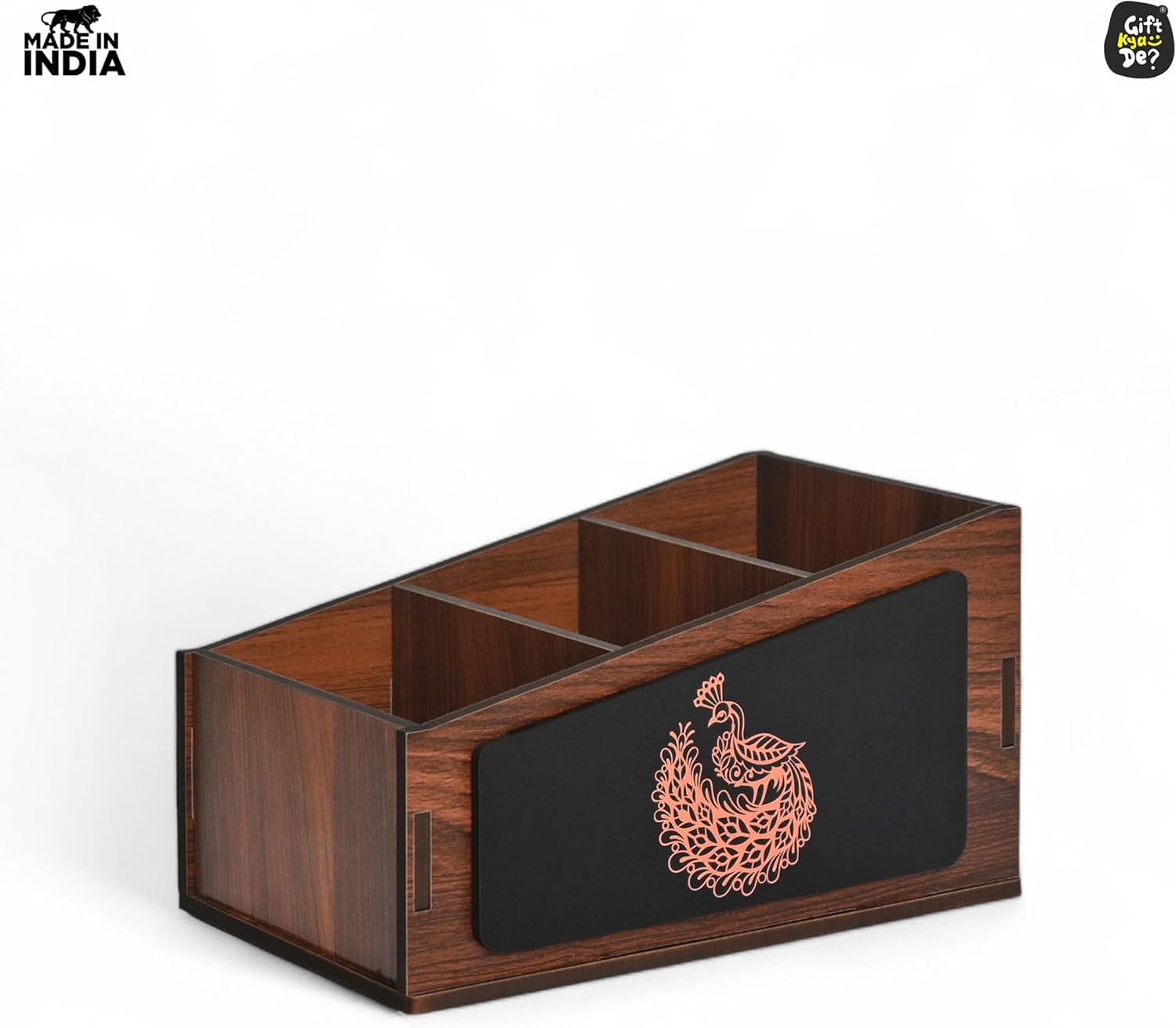 GKD Remote Stand with 3 Sections | Wooden Remote Holder for Living Room, TV and AC | Stationary Organizer | 3 in 1 | Ideal for Home and Office, New Year Gift, Housewarming Gift (Peacock Wood)