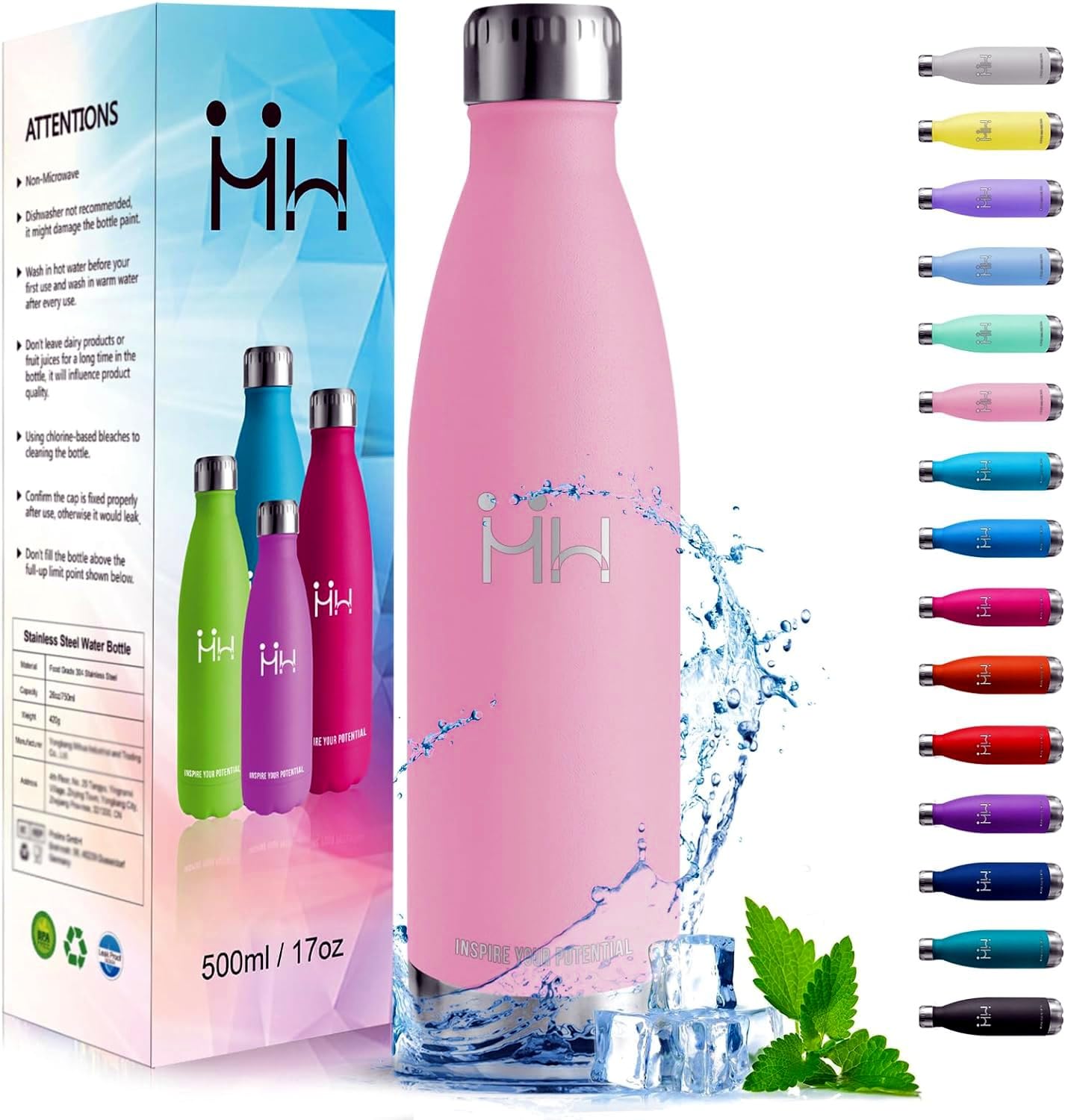 HoneyHolly Insulated Water Bottle - 500 ml - BPA-Free Stainless Steel, Leak-Proof, Reusable, Keeps Hot/Cold 24/12 Hours, Perfect for Sports, School, Office