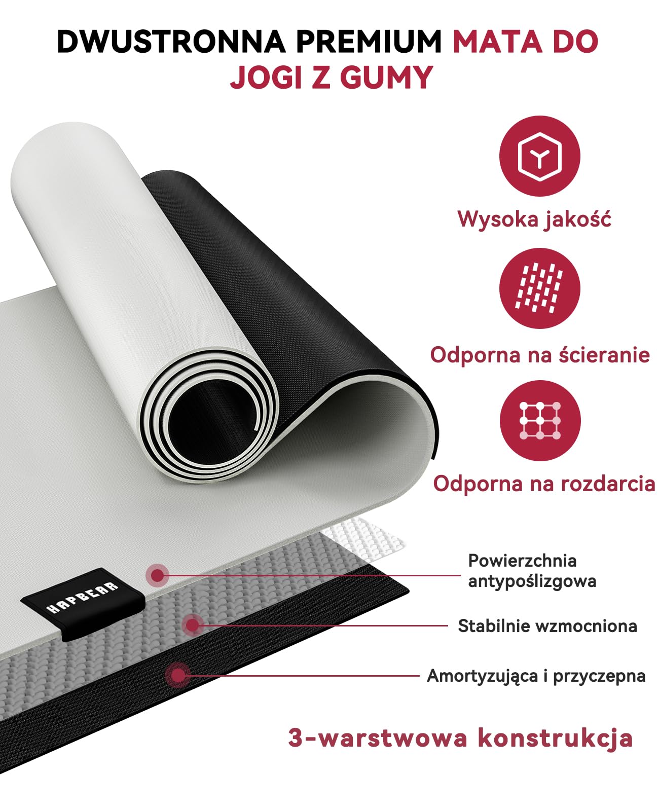 HAPBEAR Mata do jogi z kauczuku naturalnego 183x76cmx5mm, antypoślizgowa mata, z doskonałą amortyzacją do jogi i pilatesu, z torbą Oxford w zestawie