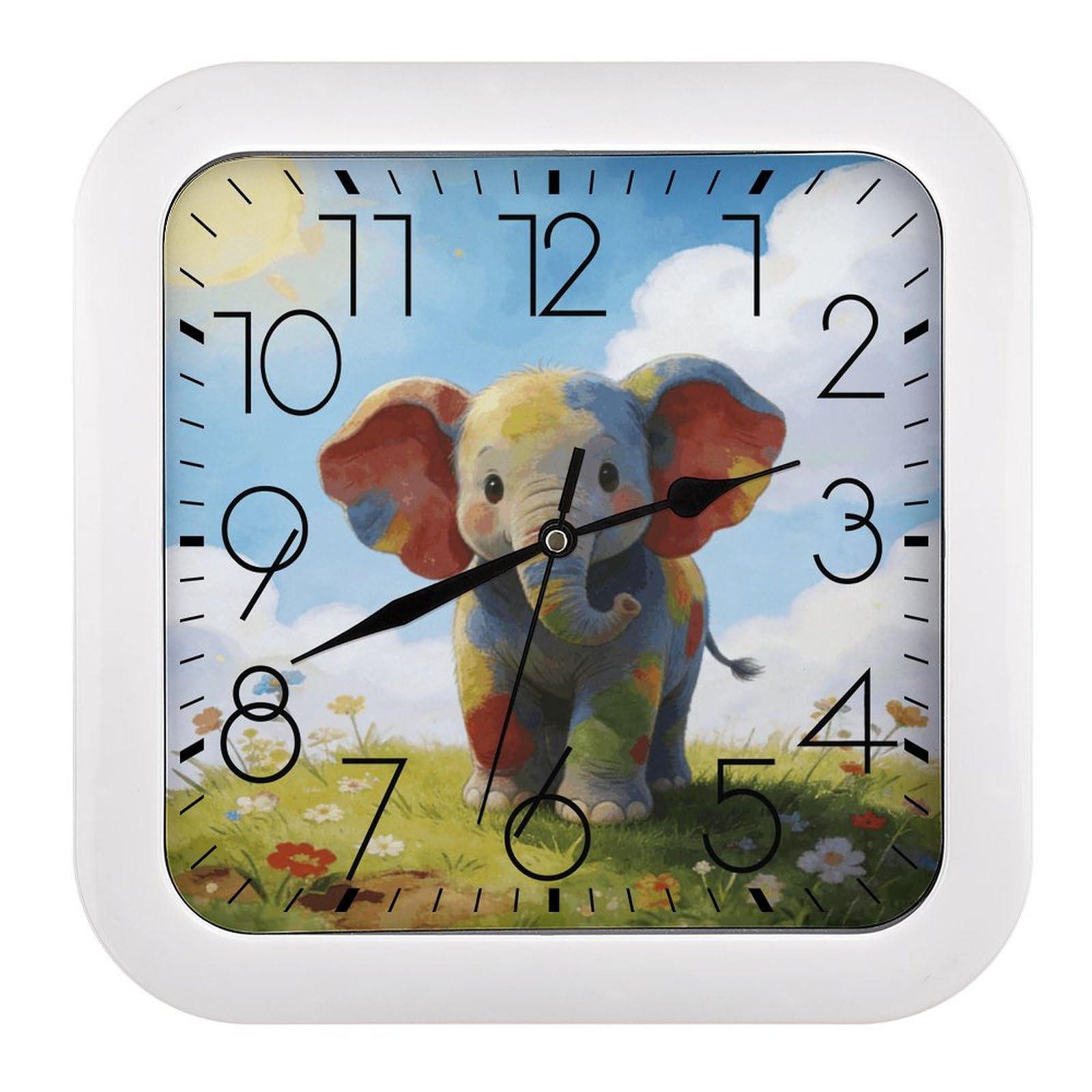 Fodpand Style Colorful Baby Elephant Wall Clock,Battery Operated Modern Retro Rounded Square Clock Clock For Bedroom Living Room Office Home Gym Porch Decor Indoor Outdoor 10.2 * 10.2In
