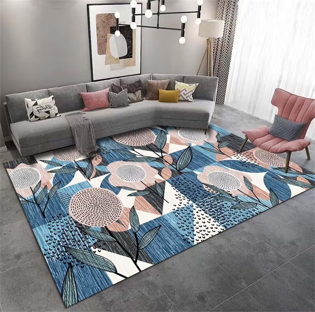 Tapis confortable grand format 300x400cm motif imprimé botanique bleu