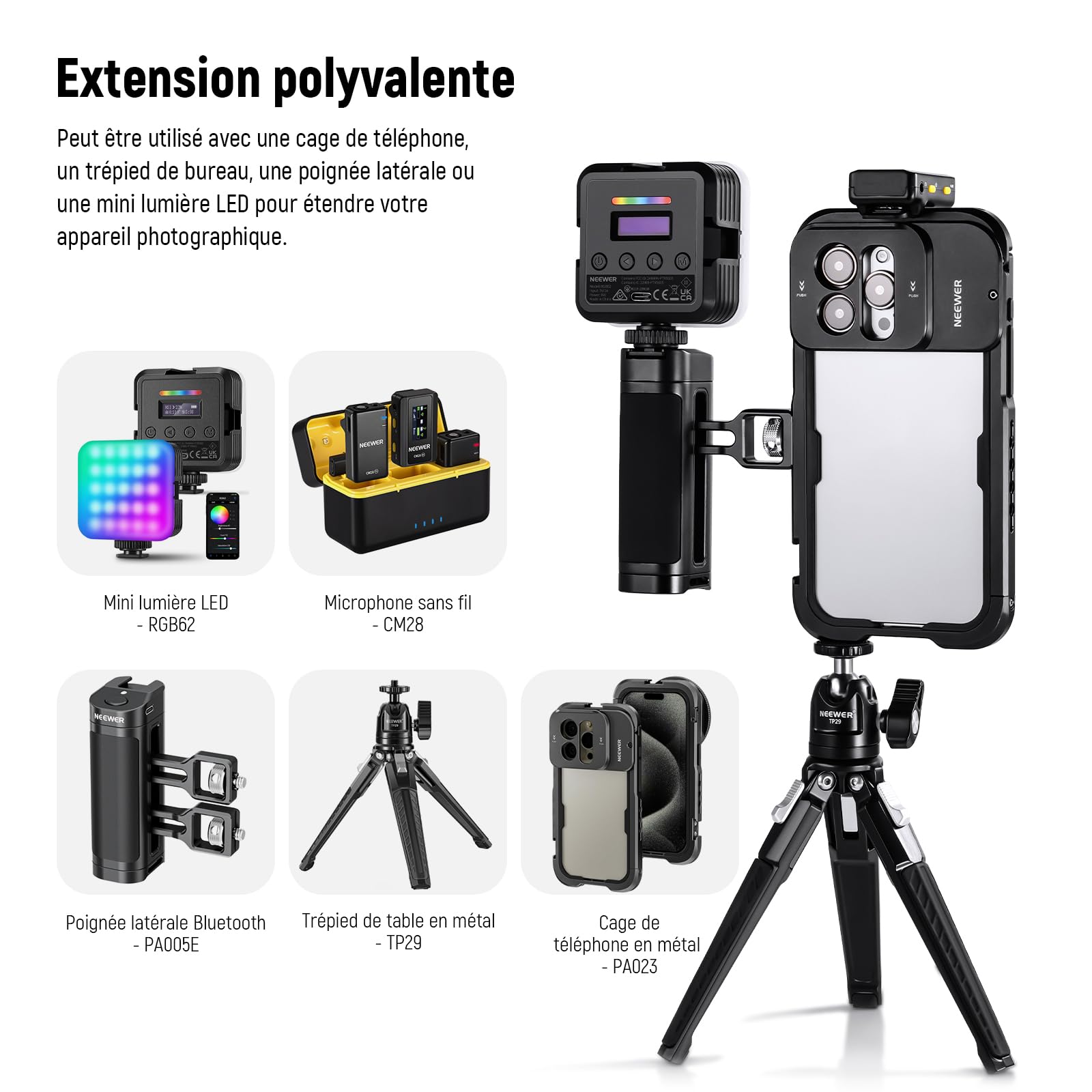 NEEWER CM28 Système de microphone sans fil Lavalier avec étui de chargement, 2 clips de micro, stockage de 4 Go, autonomie de 9 heures, micro-cravate compatible avec iPhone/Android/PC/appareil photo