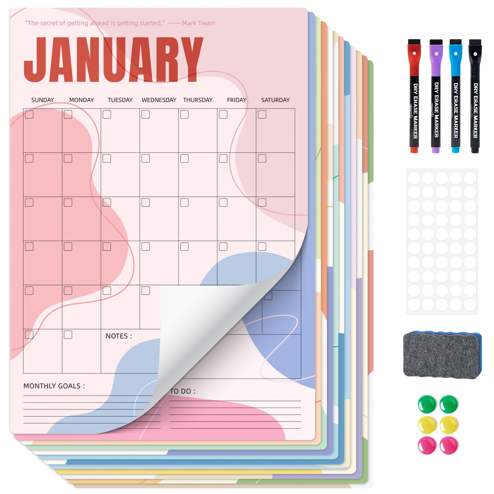 Ospelelf Undated Dry Erase Wall Calendar 12 Month, 12" x 17" Laminated Yearly Calendar for Home, Reusable Fridge Calendar 2026, 12 Sheets