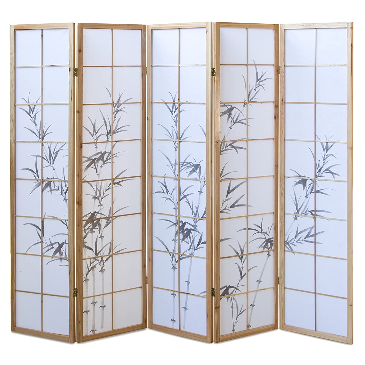 PEGANE Paravent Japonais en Bois Naturel avec Dessin Bambou 5 Panneaux