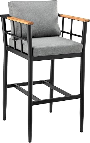 Armen Living Wiglaf - Taburete de bar moderno para patio al aire libre en metal de aluminio y madera de teca con cojines grises, altura del asiento