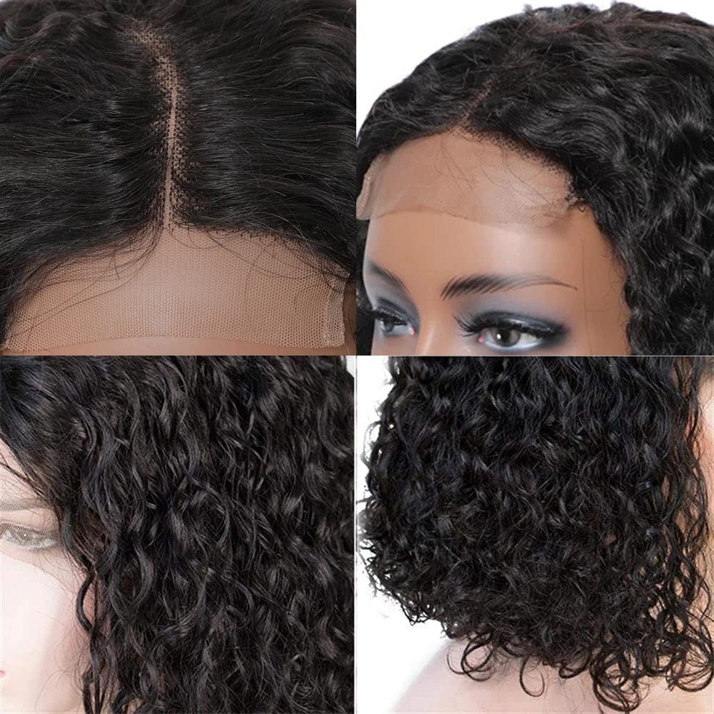 Bob Wig Human Hair 4x4 Water Wave Closure Human Hair Wig 14Inch, Unprocessed Short Brazilian Curly Human Hair Bob Wig 4x4 Swiss Lace Wig Pre Plucked 150% Density Natural Black Color
