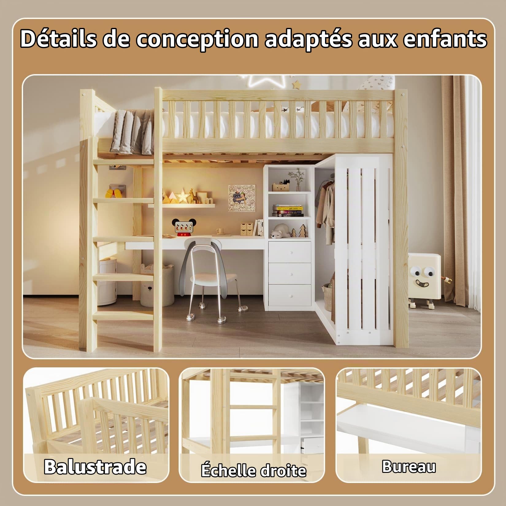 EURHCIO Lit Mezzanine 2 Places 140x200cm,Lit Double avec Grand Bureau,3 Tiroirs,3 étagères,Armoire,Haute Barrière de lit,Sommier à Lattes Solide,pour Adolescents (Naturel, 140x200)