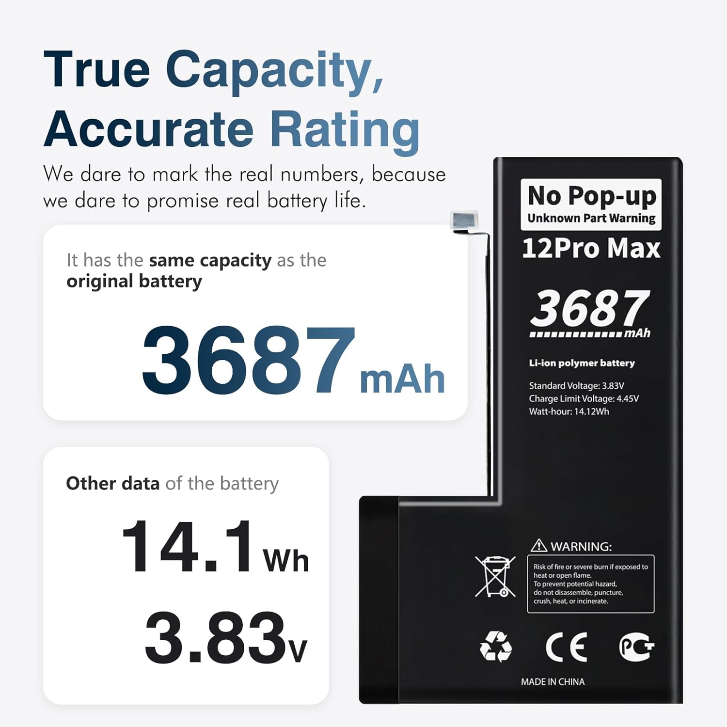 No Pop-up Unknown Part Warning for iPhone 12 Pro Max Diagnostic Battery,Truthfully Rated 3687mAh Capacity Li-Polymer Rechargeable Battery Replacement for iPhone 12 Pro Max with Full Tool Kit