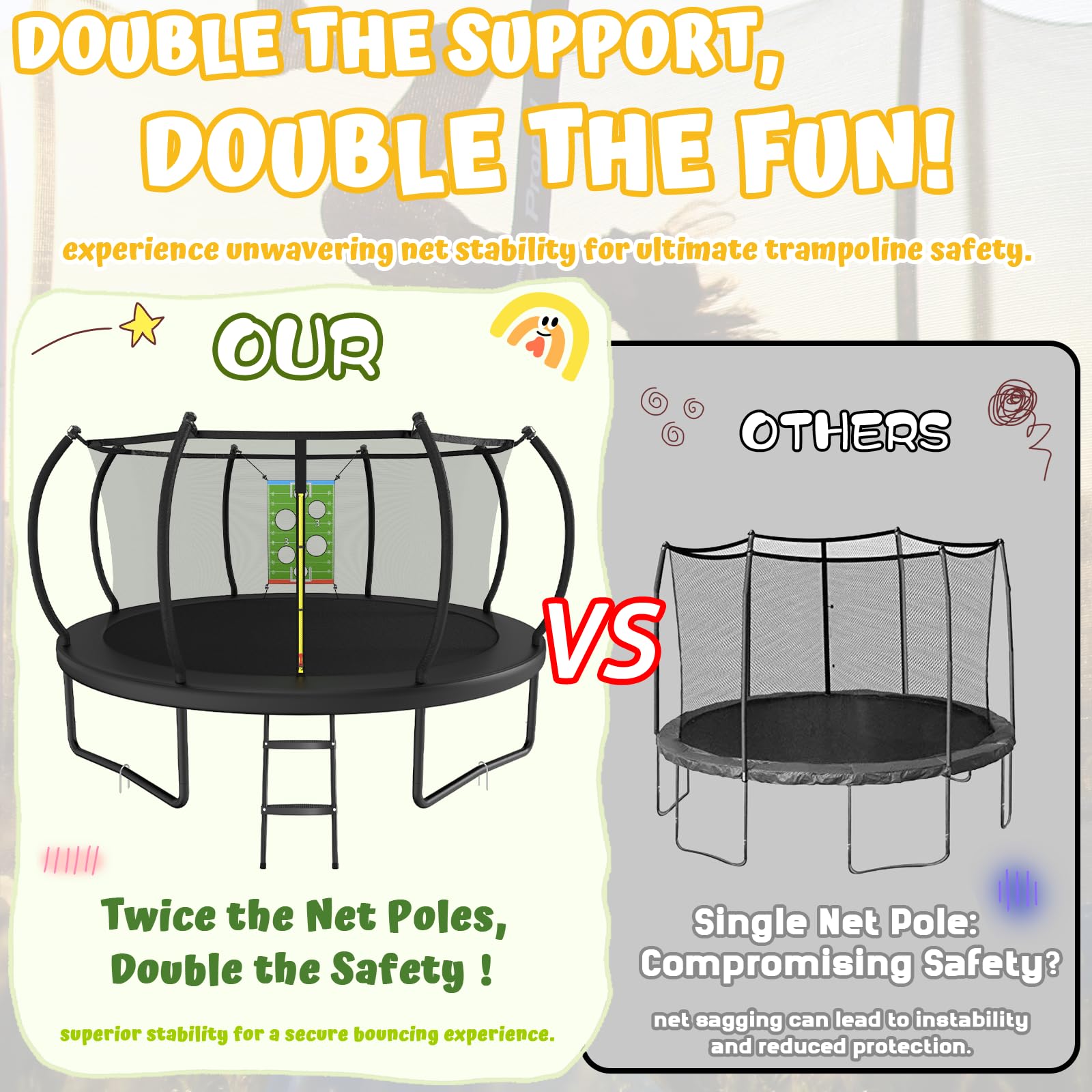 ACWARM HOME Trampoline Outdoor 14FT Trampoline with Safety Net & Rugby Target - Recreational Trampolines for Kids and Adults - Anti-Rust Coated Frame - ASTM Approved - Black