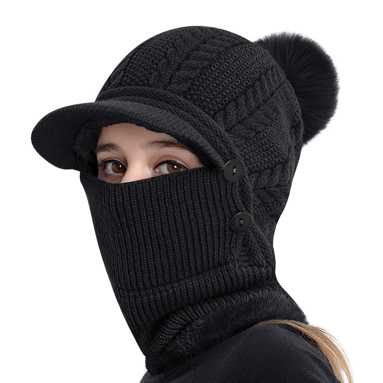 Gorra de protección para los oídos de las mujeres con ala de una pieza Fleece Beanie Sombreros Bufanda Máscara de invierno cálido Sombrero de punto (negro)