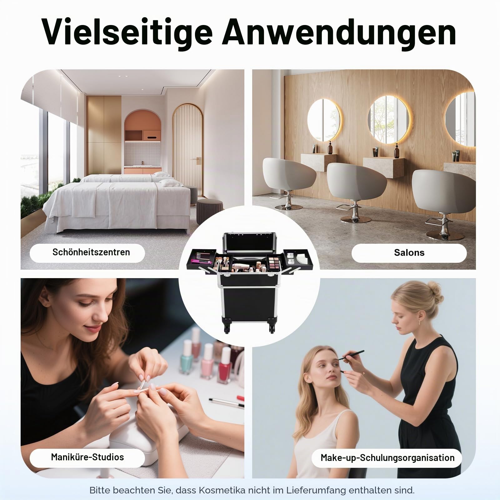 Kosmetikkoffer Trolley, 3-in-1 Schminkkoffer mit Faltbares Tablett und Rädern, Multifunktional Große Kosmetik Make up Koffer, Schminkkoffer für Reise, Friseure, Visagisten (Schwarz)