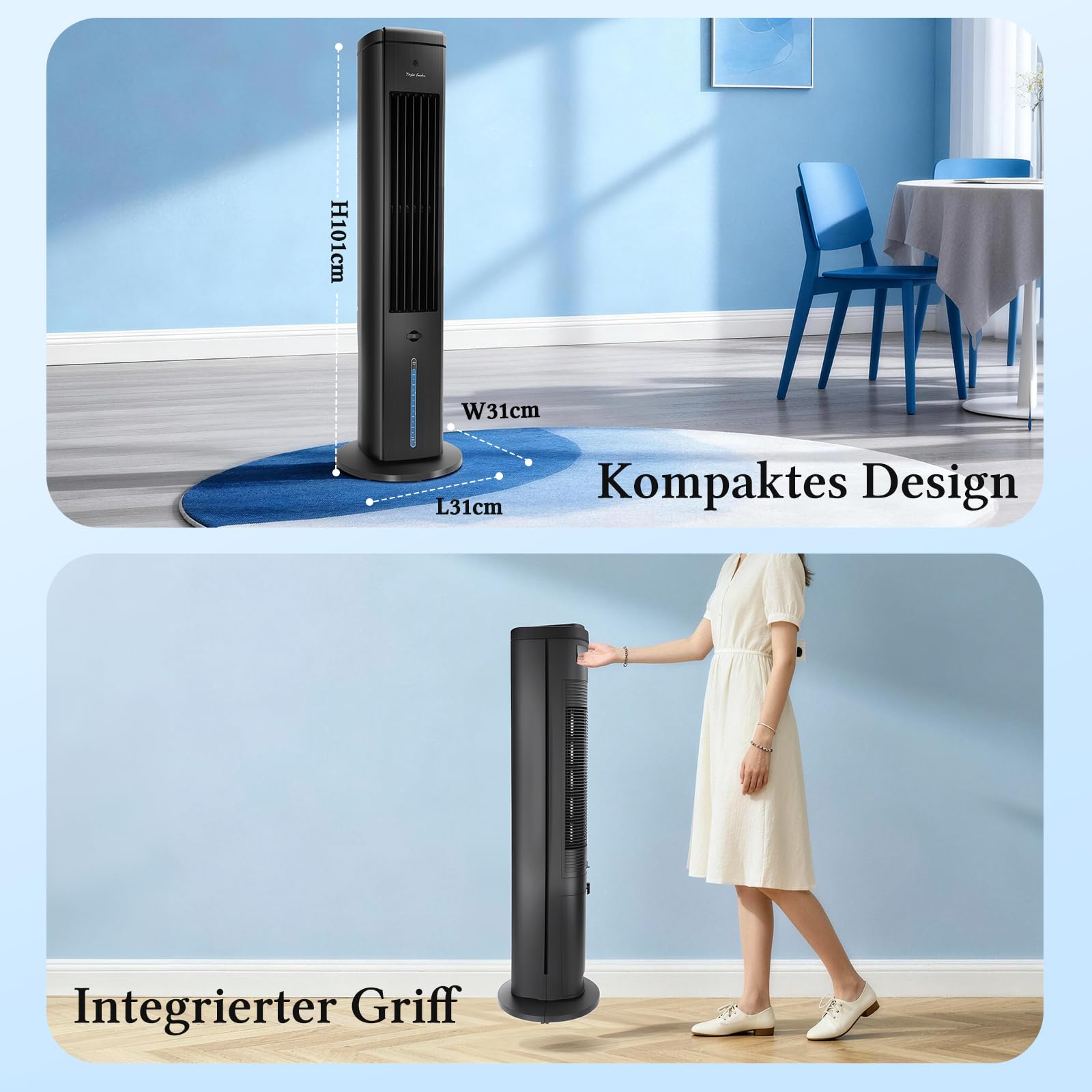 Taylor Swoden Turmventilator mit Wasserkühlung leise, 5-in-1 Luftkühler mit ION-Technologie & Aromadiffuser, 5L Wassertank, 75° Oszillation, 3 Geschwindigkeiten/Modi, 7h Timer, Fernbedienung, Schwarz