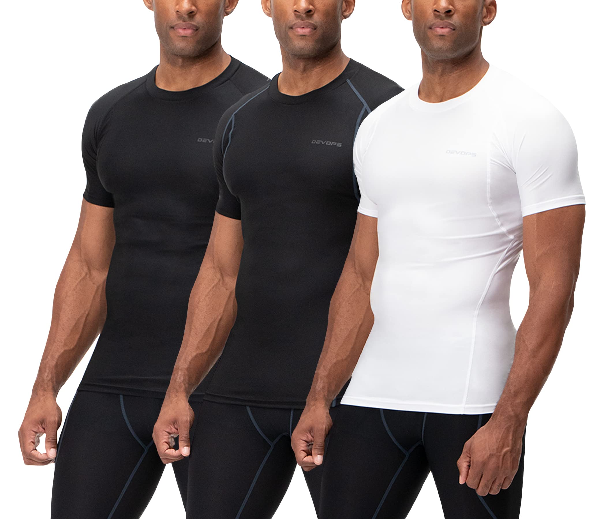 3 Pack Men's Cool Dry Short Sleeve Compression Shirts, Sports Baselayer T-Shirts Tops, Athletic Workout Shirt (Large, Black-Black-White)