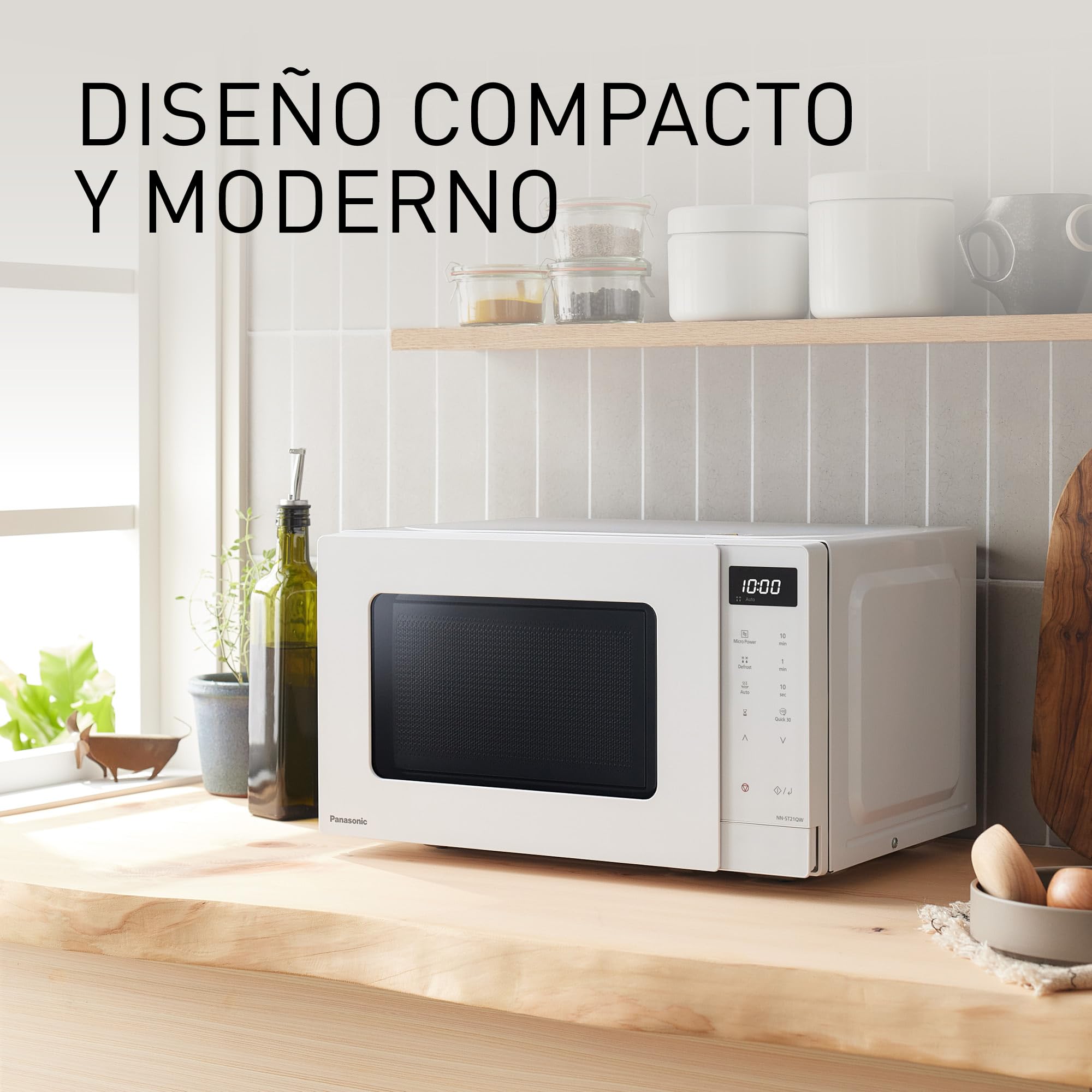 Panasonic NN-ST21QWEPG Solo Horno Microondas 20L con Bandeja de Vidrio, 800 W, Descongelación Automática, 11 Programas Automáticos, Pantalla LED, 5 Ajustes de Potencia, Temporizador Digital, Blanco