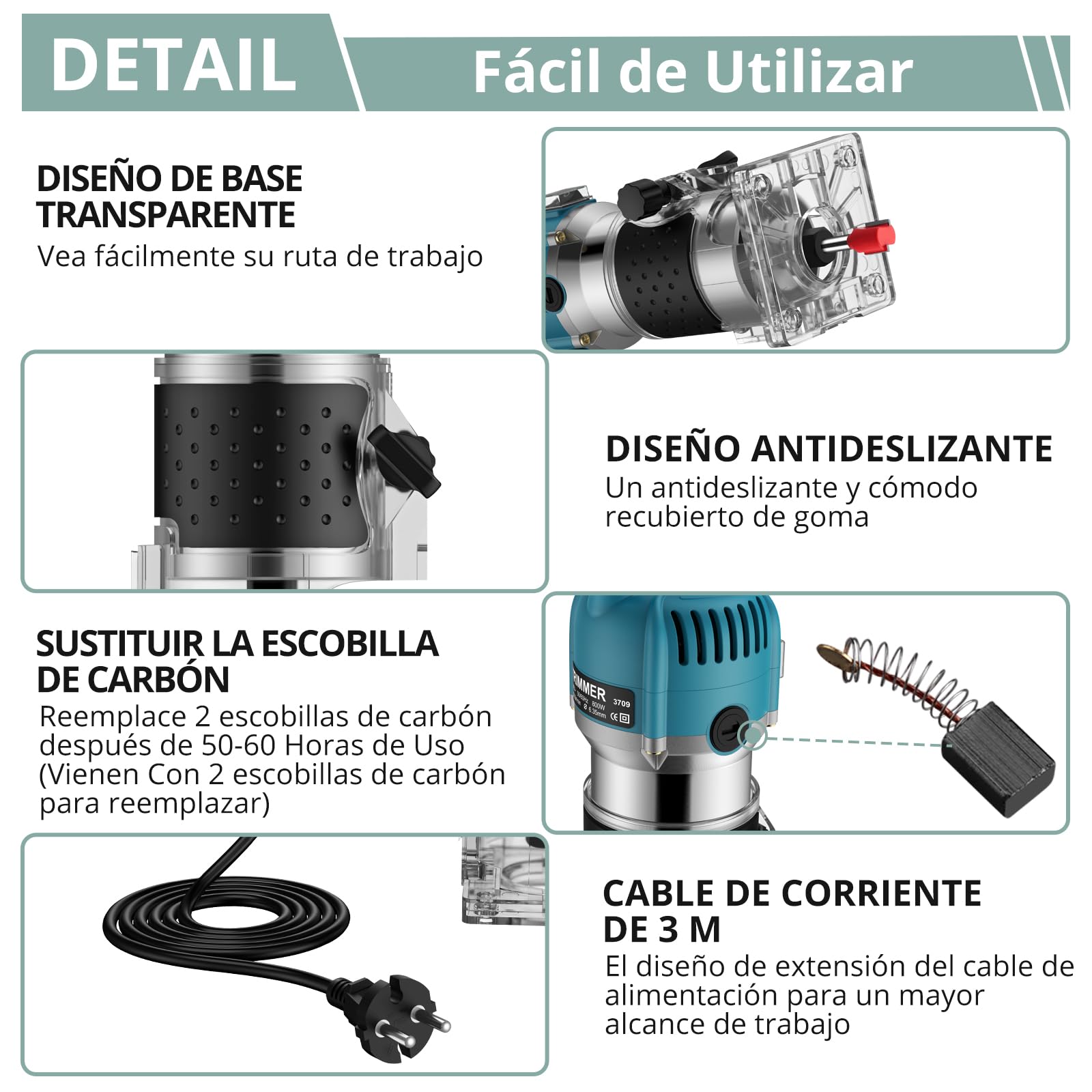 COLFULINE Juego de Fresadora de Madera Rebajadora Eléctrica 800W 30000R 6.35 mm (1/4 Inch) con 6 Velocidades Variables, con 15PCS 1/4"Juego de Brocas para Madera