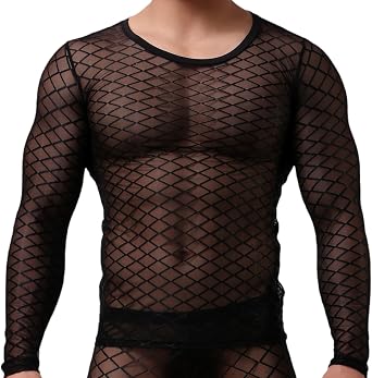 قميص رجالي شفاف بأكمام طويلة من شبكة الماس الرياضي الكاجوال بقصّة Slim Fit للتدريب مقاس M-XL