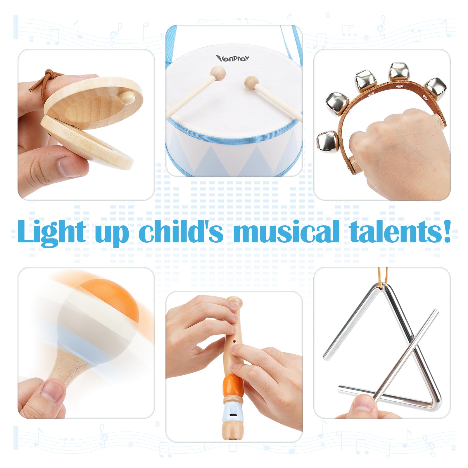Instrumentos Musicales Bebe - Tambor Infantil 6 en 1, Juguete de Madera con Trompeta, Tambor para Niños, Juguete Montessori para Bebés - Regalo para Niños y Niñas de 2, 3, 4 Años