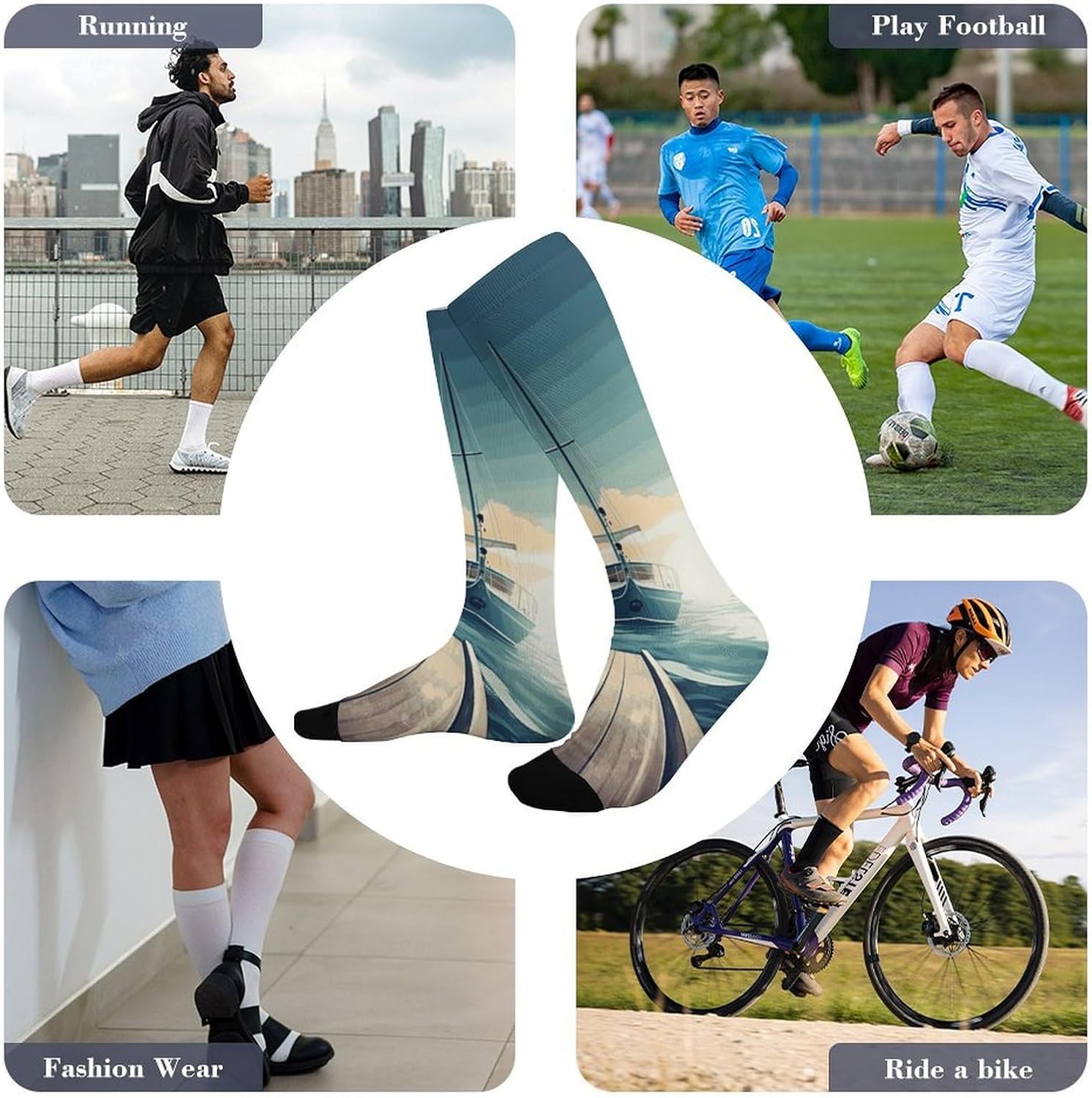 Knee High Socks Boat Seascape Theme Long Tube Boot Seamless Toe