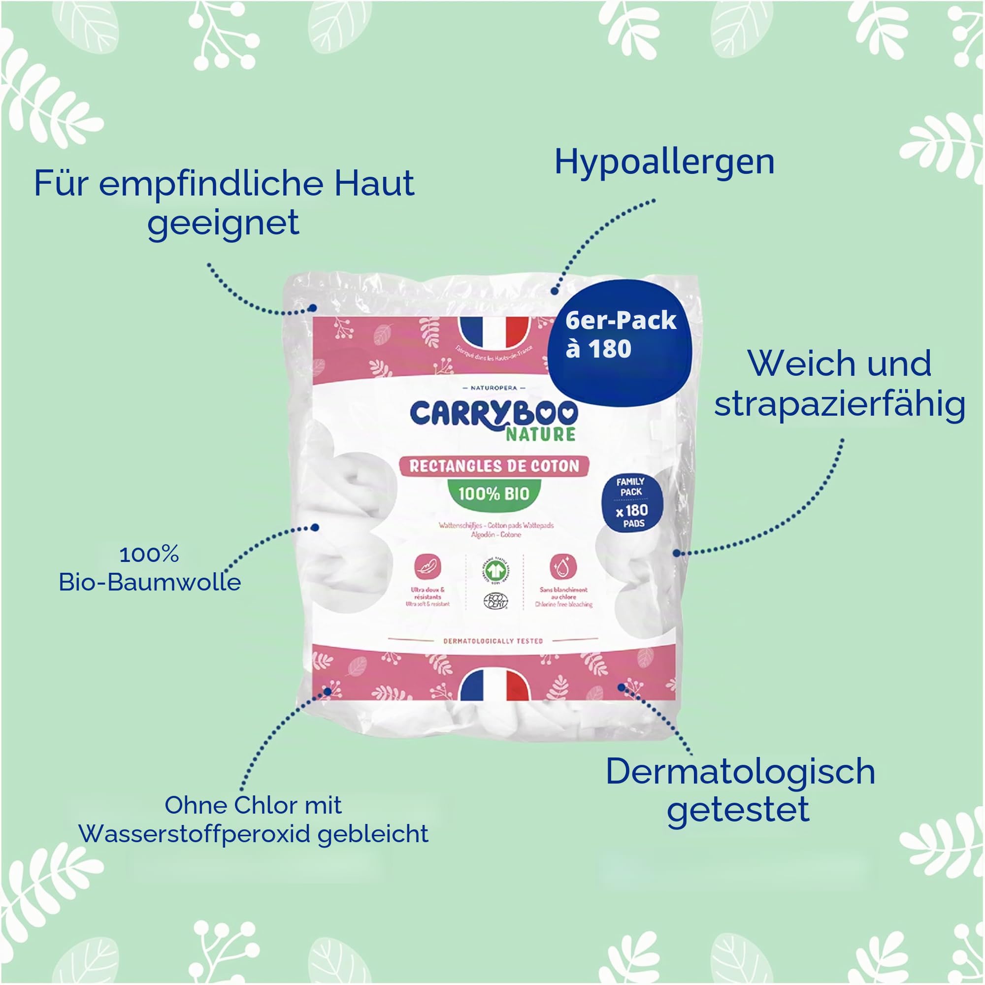 CARRYBOO - Quadratische Baby-Baumwolle – 100% Bio – für normale & empfindliche Haut – 6 Stück – ultraweich & strapazierfähig – hypoallergen – ohne Chlor gebleicht – für die ganze Familie – Packung