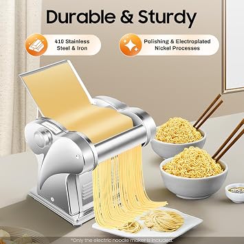 110V Electric Commercial Pasta Machine, 135W Stainless Steel Noodle Maker Machine, Two-knife Automatic Spaghetti Roller Pressing Machine, Dough Sheeter, Adjustable Thickness