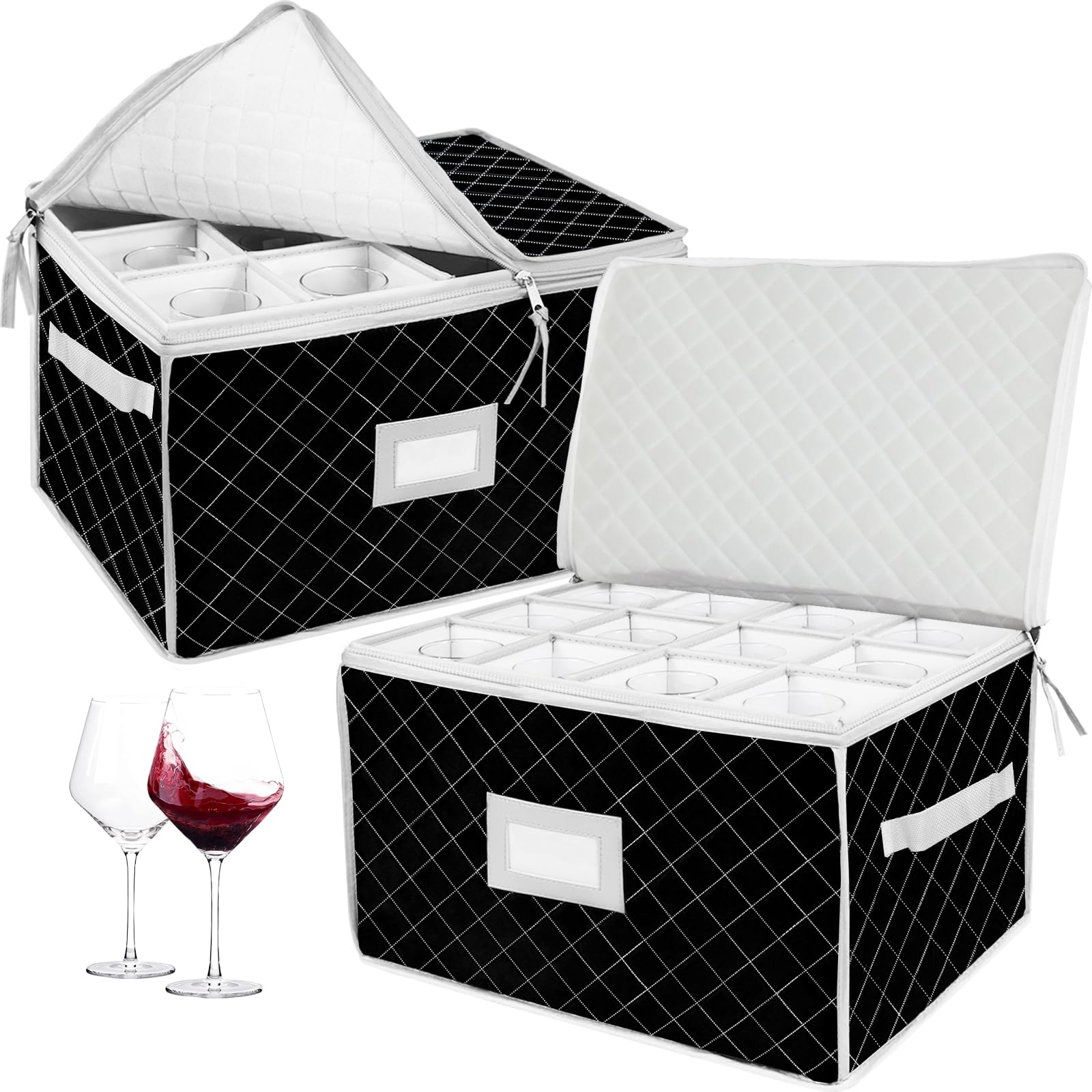 VERONLY (2 Pack) Wine Glass Storage Box with Lid -Stemware Storage Cases with 12 Dividers for Crystal Glassware Moving Kitchen