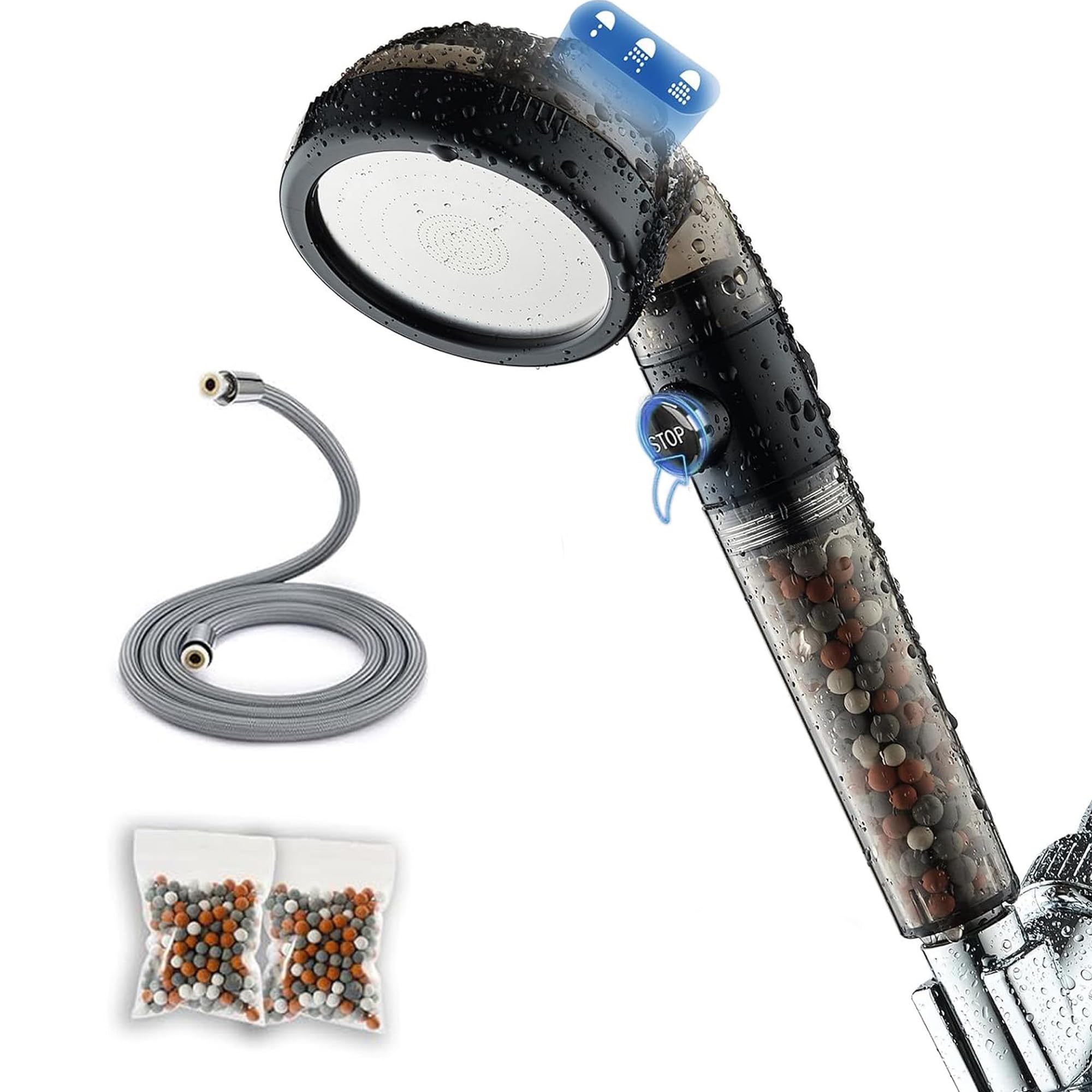 Pimaja Ionic Shower Head with Hose, High Pressure Mineral Shower Head with Beads Filter for Hard Water,4-Mode,with Hose and Replaceable Mineral Stone Beads (Black)