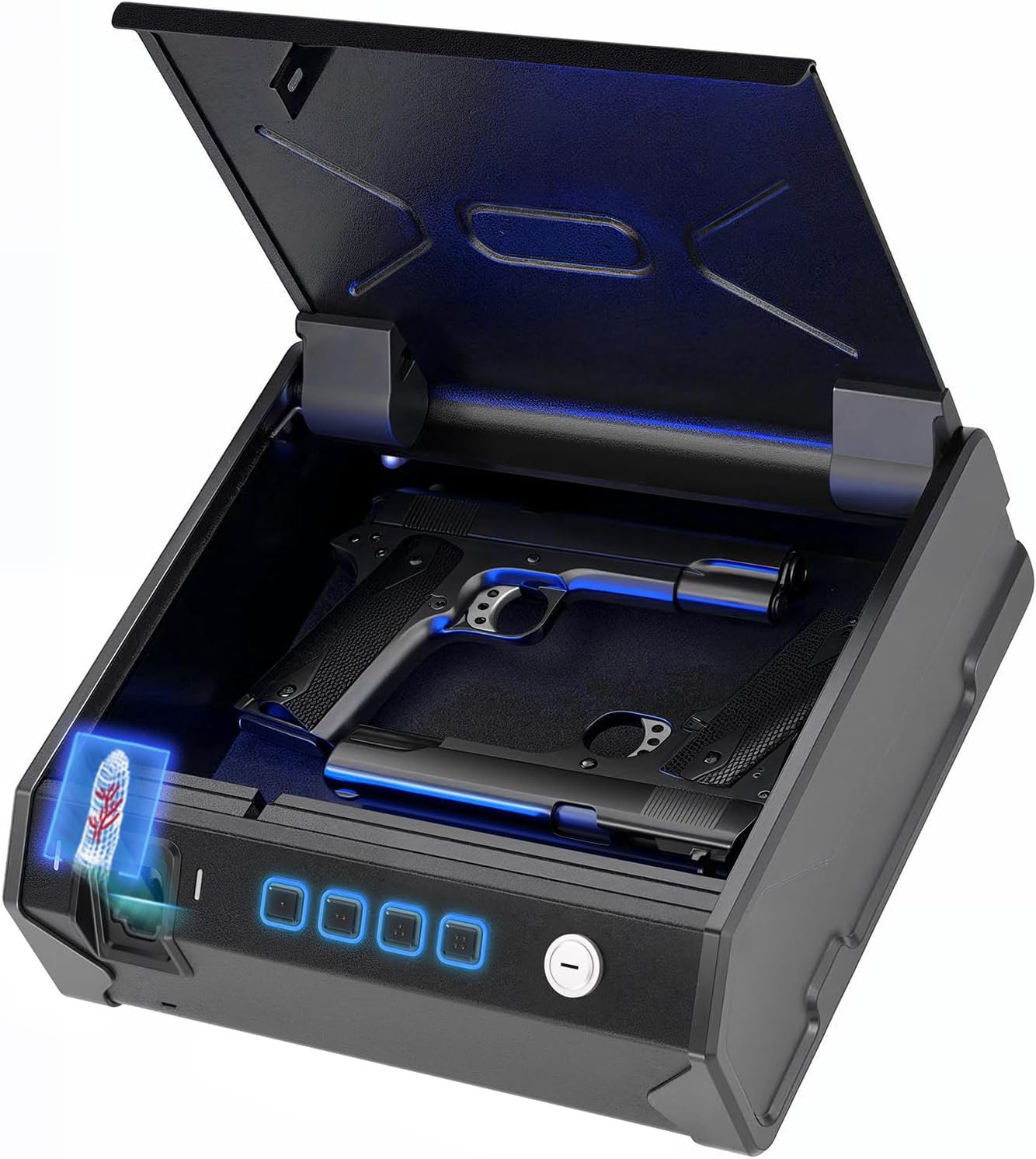 MAXSafes Biometric Gun Safe with lid open, showing a pistol inside.