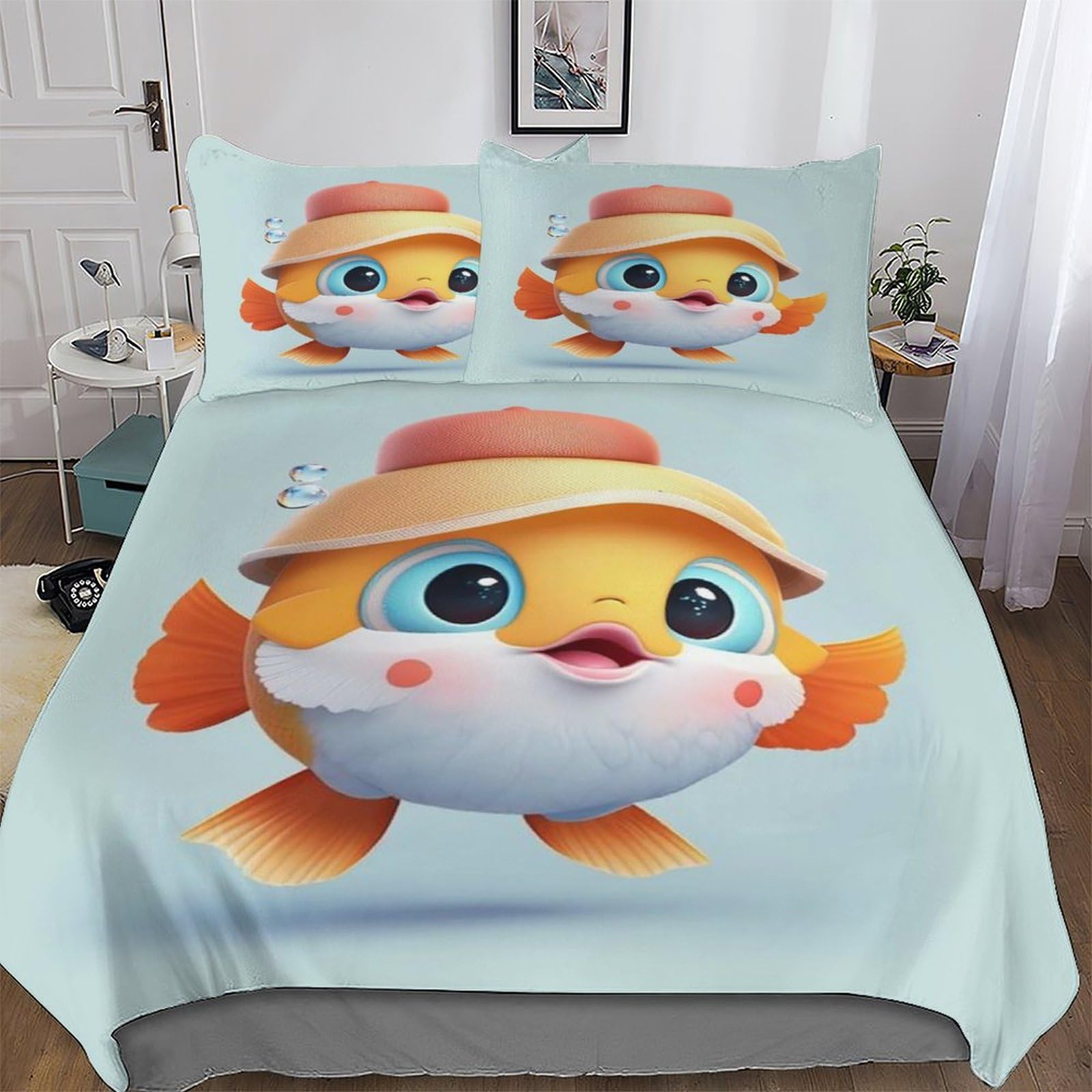 Housse de couette poisson king parure de lit 3 pièces microfibre 220x240cm