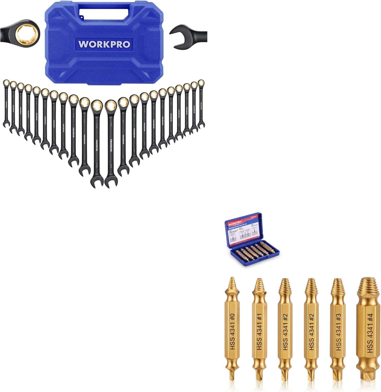 WORKPRO 22-piece Ratcheting Wrench Set with 180° Flex Head & 6PCS Screw Extractor Set