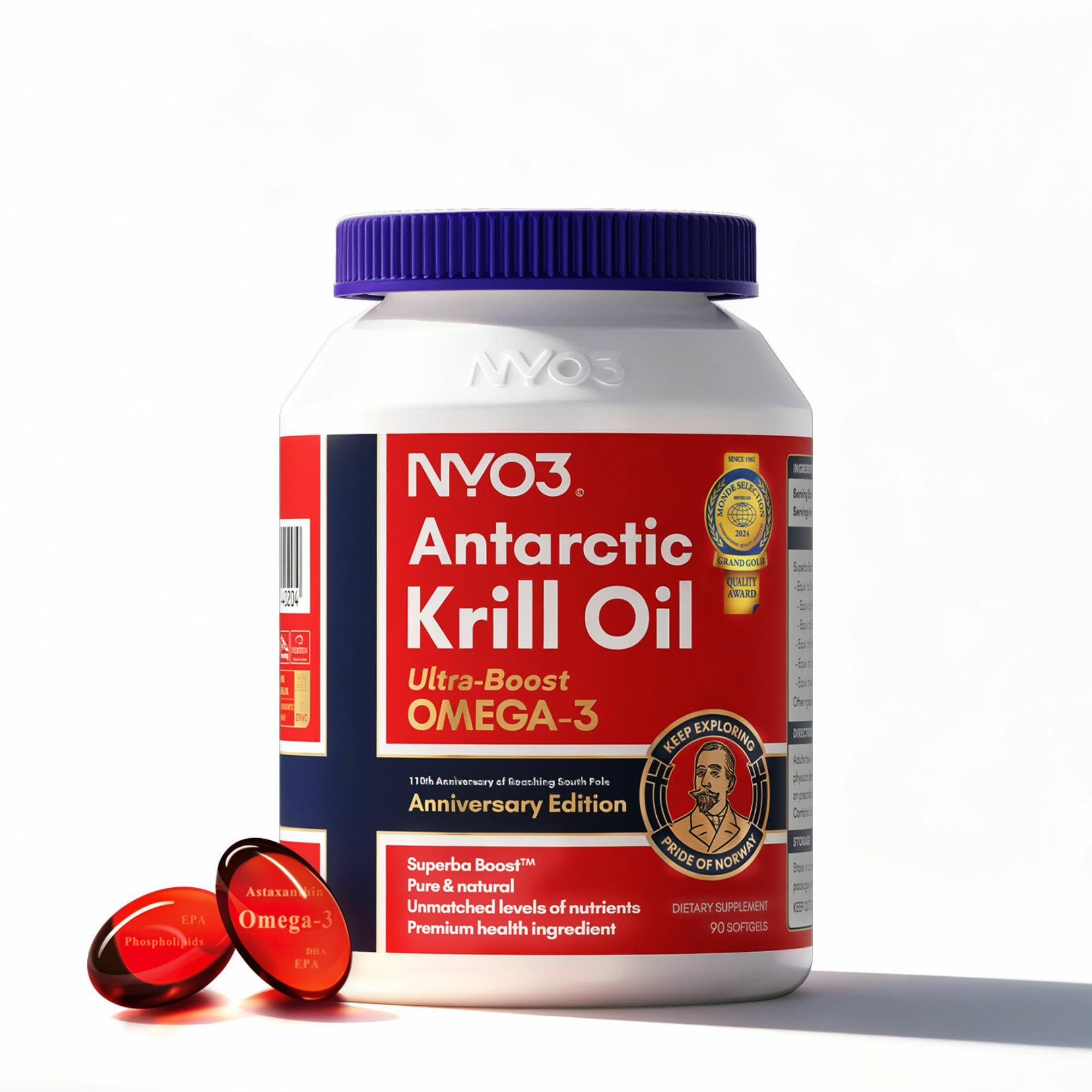 NYO3 Krill Oil Omega 3 Supplement 1000mg 90 Softgels EPA & DHA, Pure Antarctic Krill Oil with Astaxanthin and 56% Phospholipids Laboratory Tested