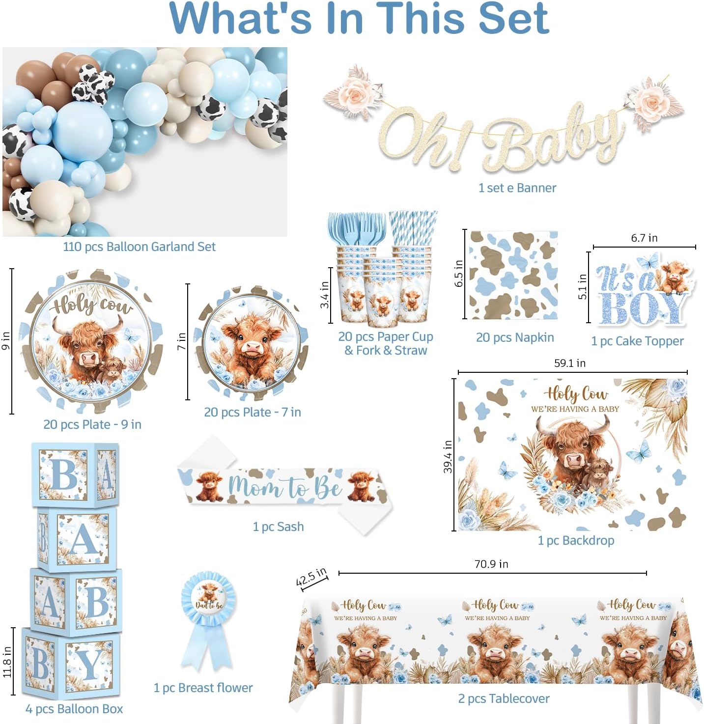 Cocomigo 241pcs Highland Cow Baby Shower Decorations for Boy, One-stop Package Includes 40 Plates 2 Tablecloths 1 Sash and 1 Pin, Complete Balloon Arch Tableware Set for Baby Shower