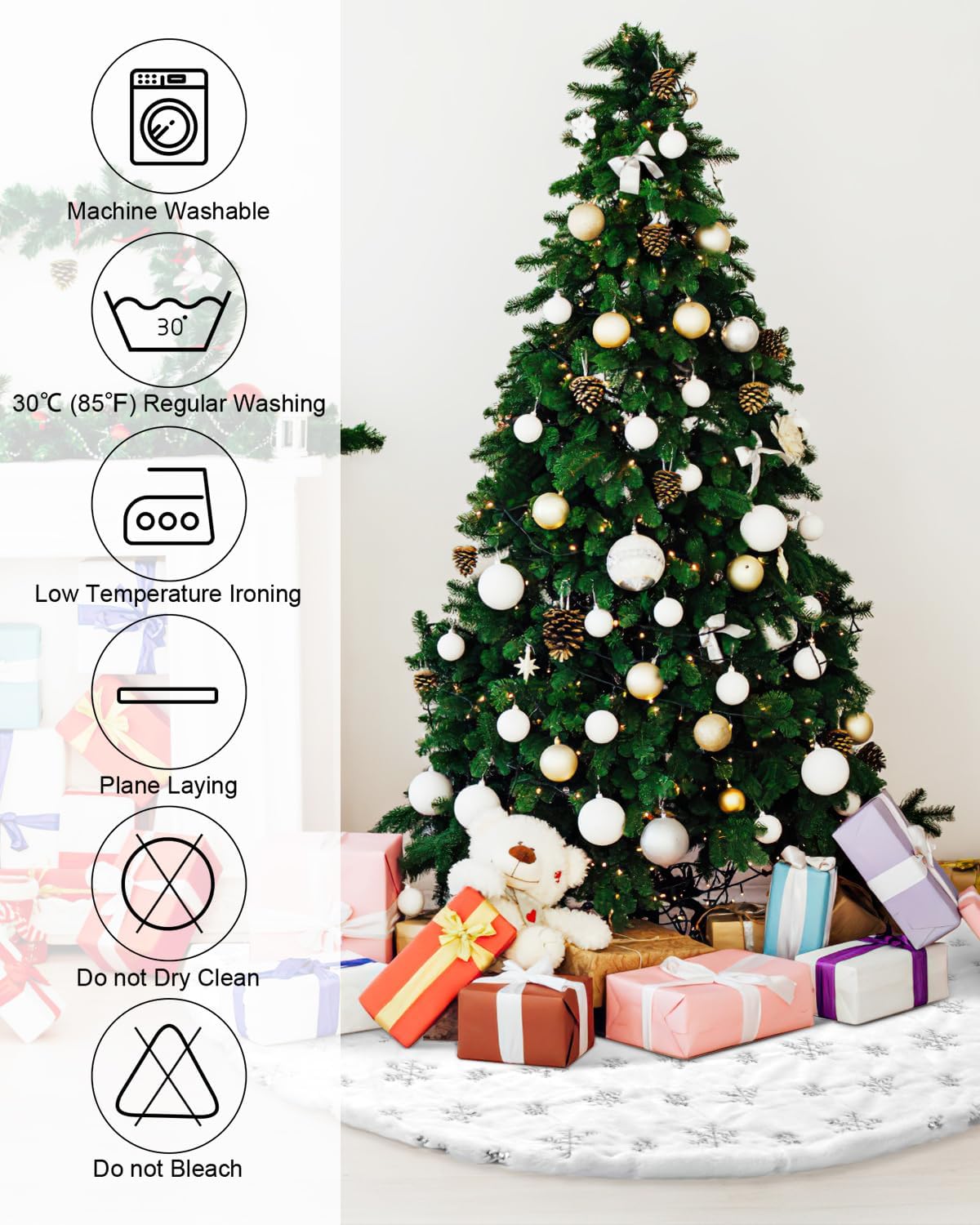 COOLWUFAN 60 Inches Faux Fur Christmas Tree Skirt for Xmas Tree Holiday Party Decorations White Plush Silver Sequin Snowflake (Silver)