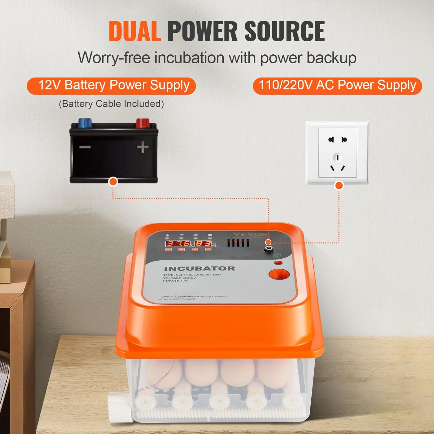 VEVOR NLF64-5280 Incubator showing dual power source options