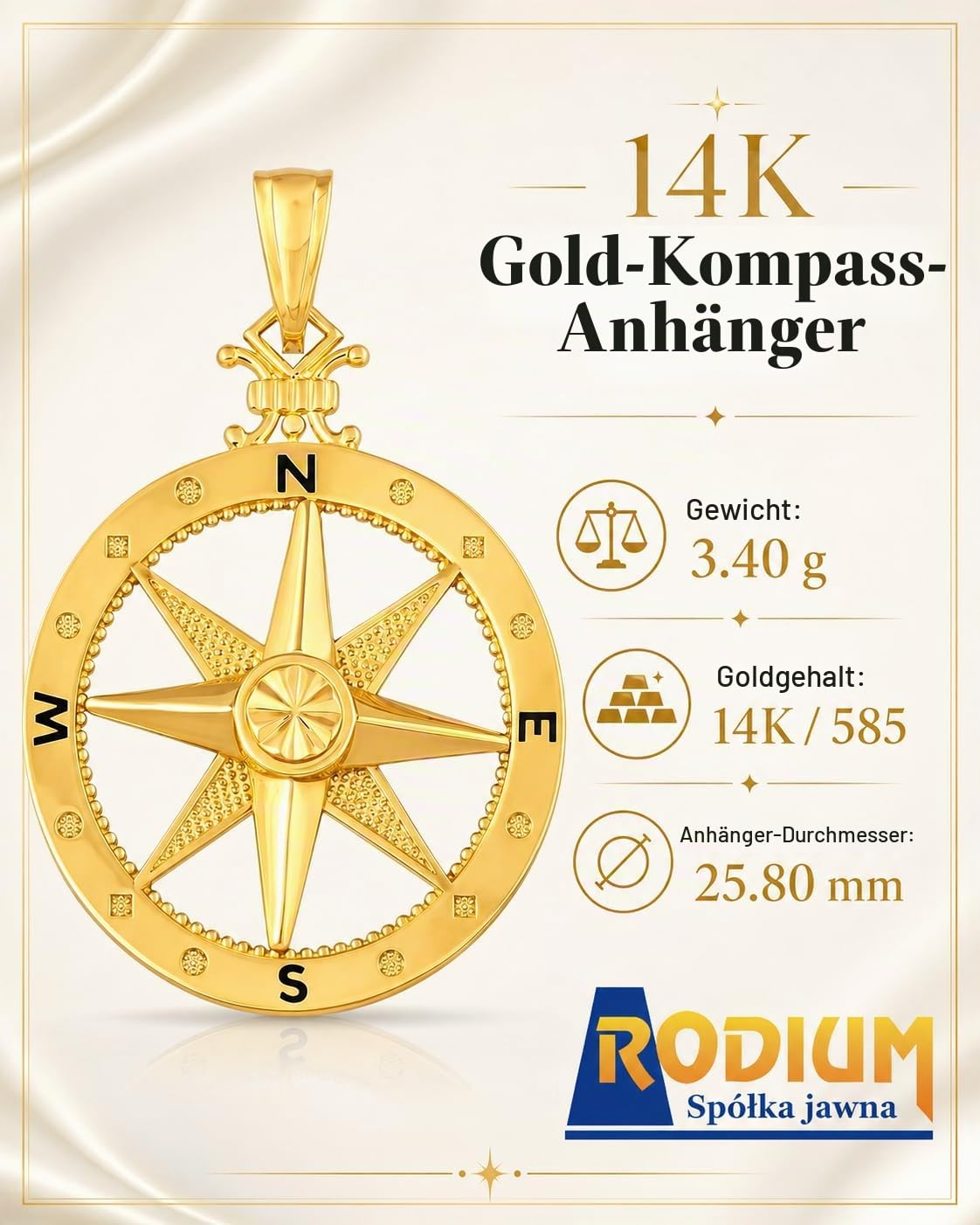 Rodium, Anhänger Gold, Windrose, 585/14K