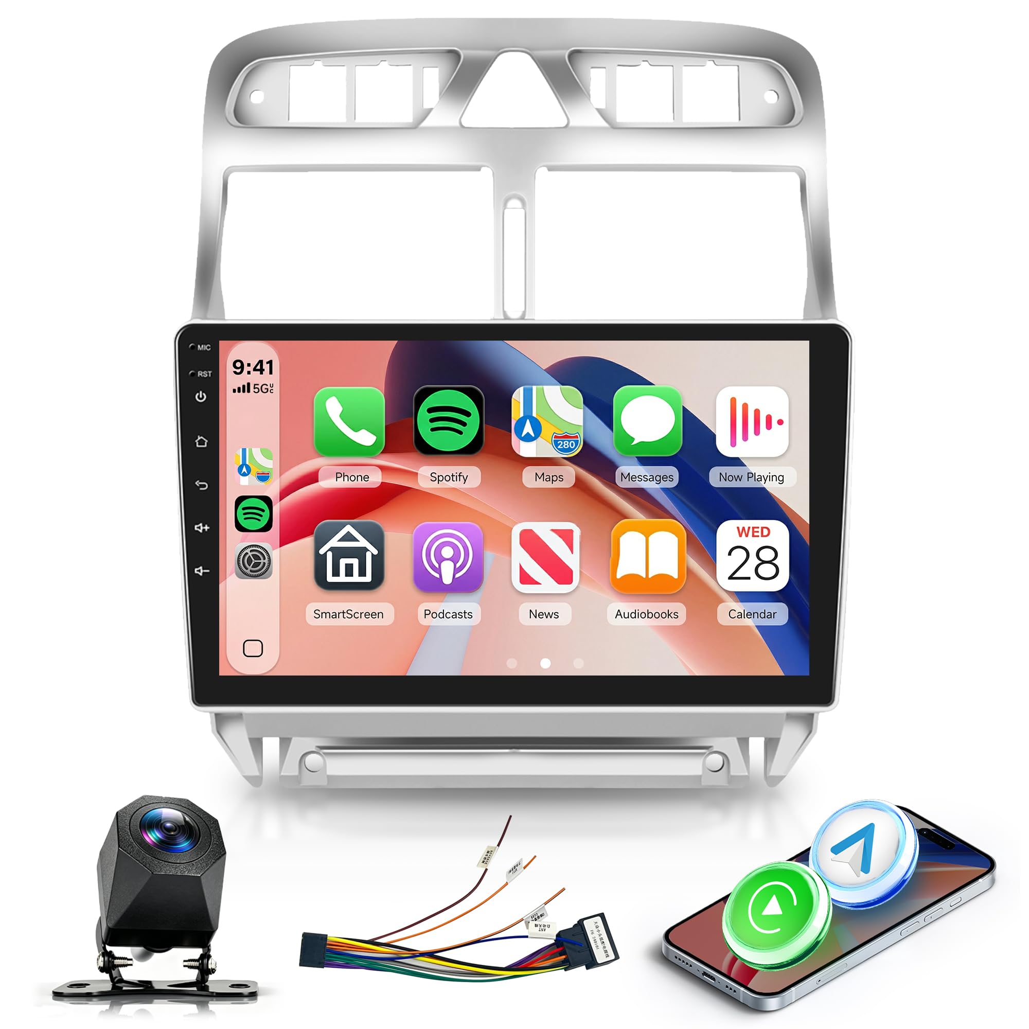 Hodozzy Autoradio pour Peugeot 307 2002-2013 avec CarPlay sans Fil Android Auto, 9 Pouce Touchsreen avec Bluetooth/RDS Radio/SWC/GPS/Youtube/USB/V-Link/+Caméra de Recul