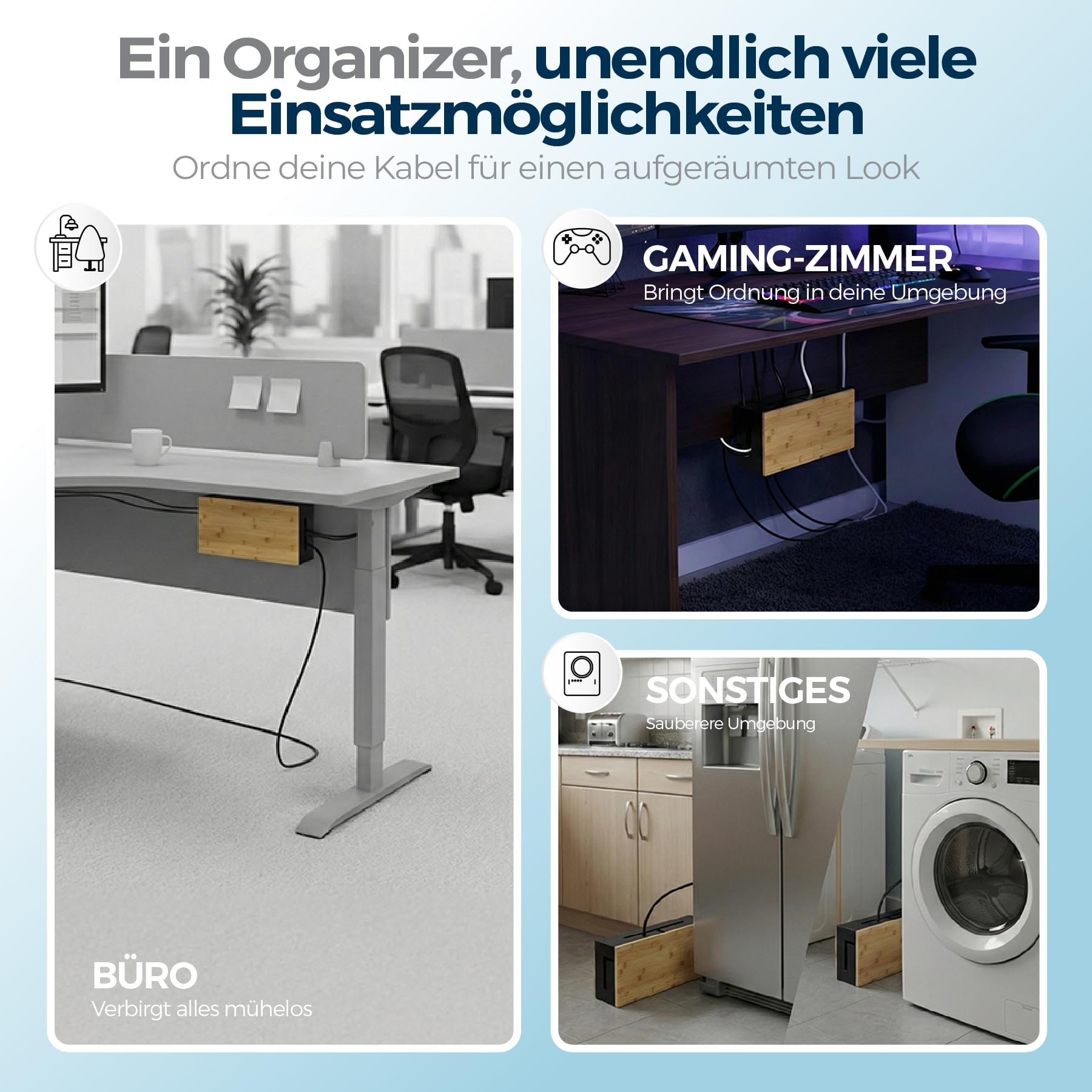 Kabelmanagement Box aus Bambus 41×20×11 cm – Magnetischer Deckel – Kabel Organizer für Schreibtisch & TV – Kabelbox zur Kabelaufbewahrung – inkl. Montagematerial für Wandbefestigung (Schwarz L)