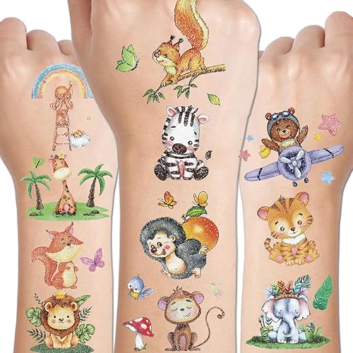 CHARLENT 140 estilos de purpurina de animales del zoológico tatuajes temporales para suministros de fiesta de niños, 14 hojas de tatuajes de