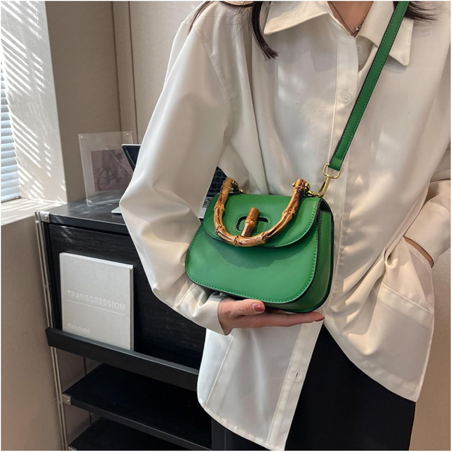 Women's Leather Tote Handbags,Bamboo Shaped Top Handle Satchel Crossbody Bag Vintage Shoulder Bag