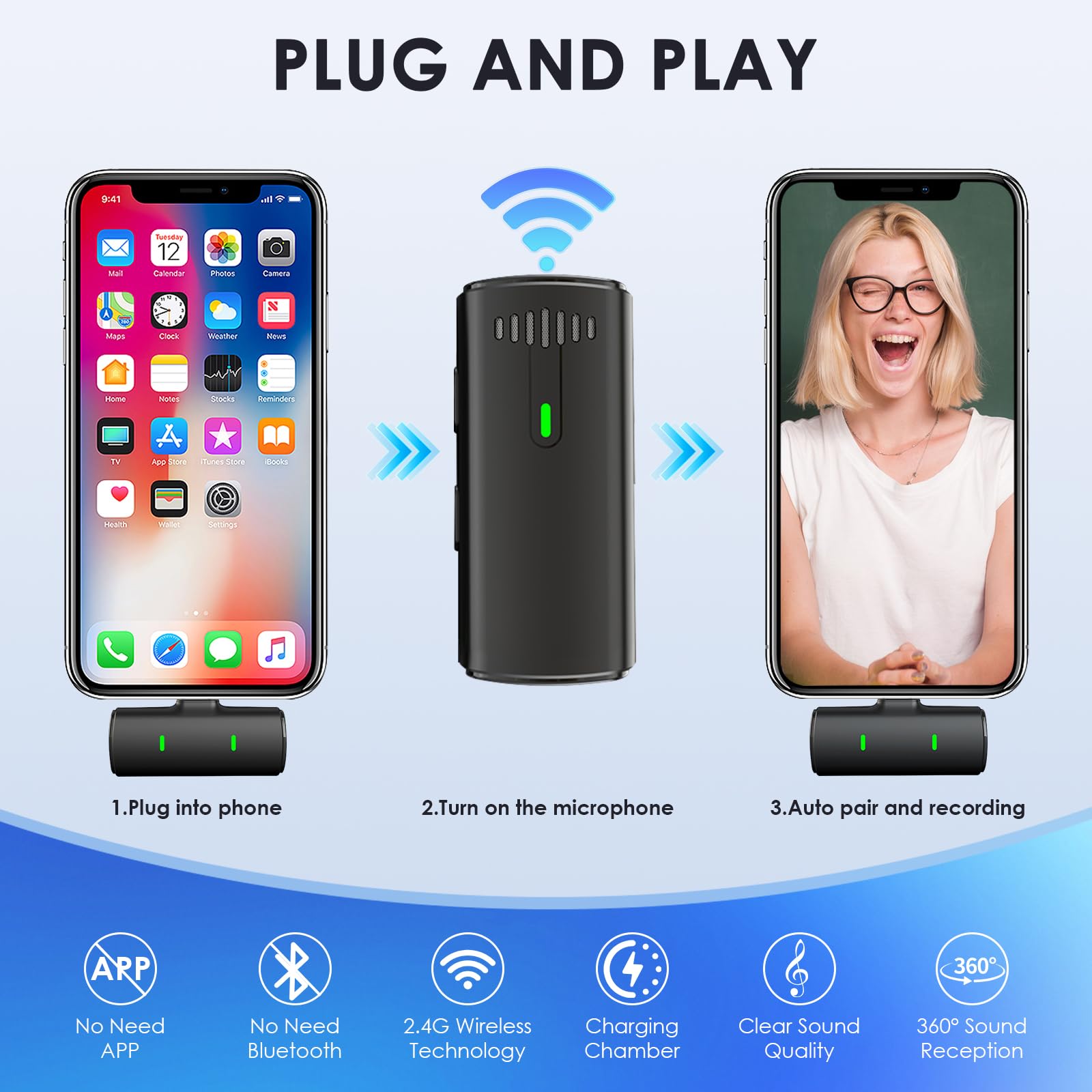 Bezprzewodowy mikrofon z etui ładującym do iPhone'a, iPada, Androida, cyfrowy wyświetlacz, mikrofon krawat USB C, redukcja szumów